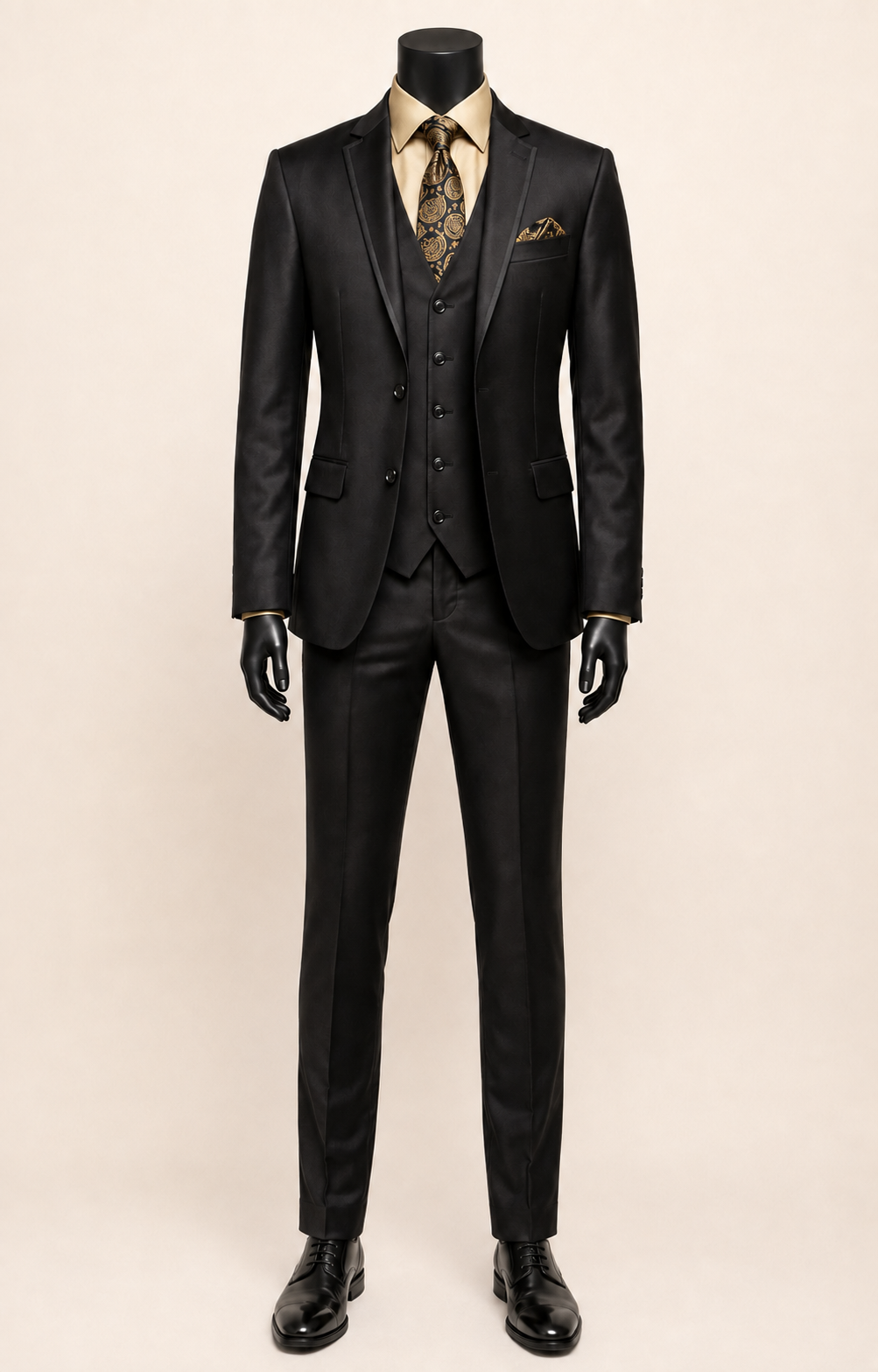 Men's black slim fit three-piece satin suit with matching satin lapel trim
