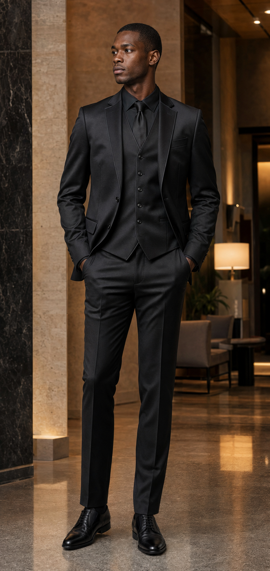 Man wearing black slim fit three-piece satin suit with matching lapel trim in an upscale hotel