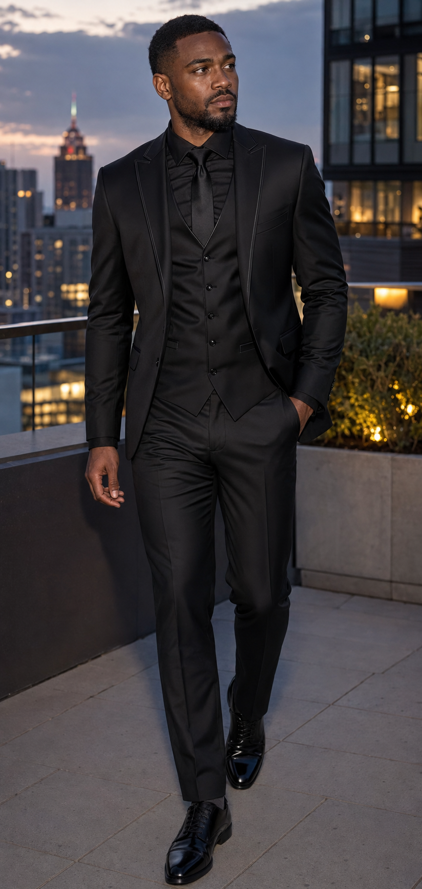 Man wearing black slim fit three-piece satin suit with matching lapel trim on an upscale rooftop