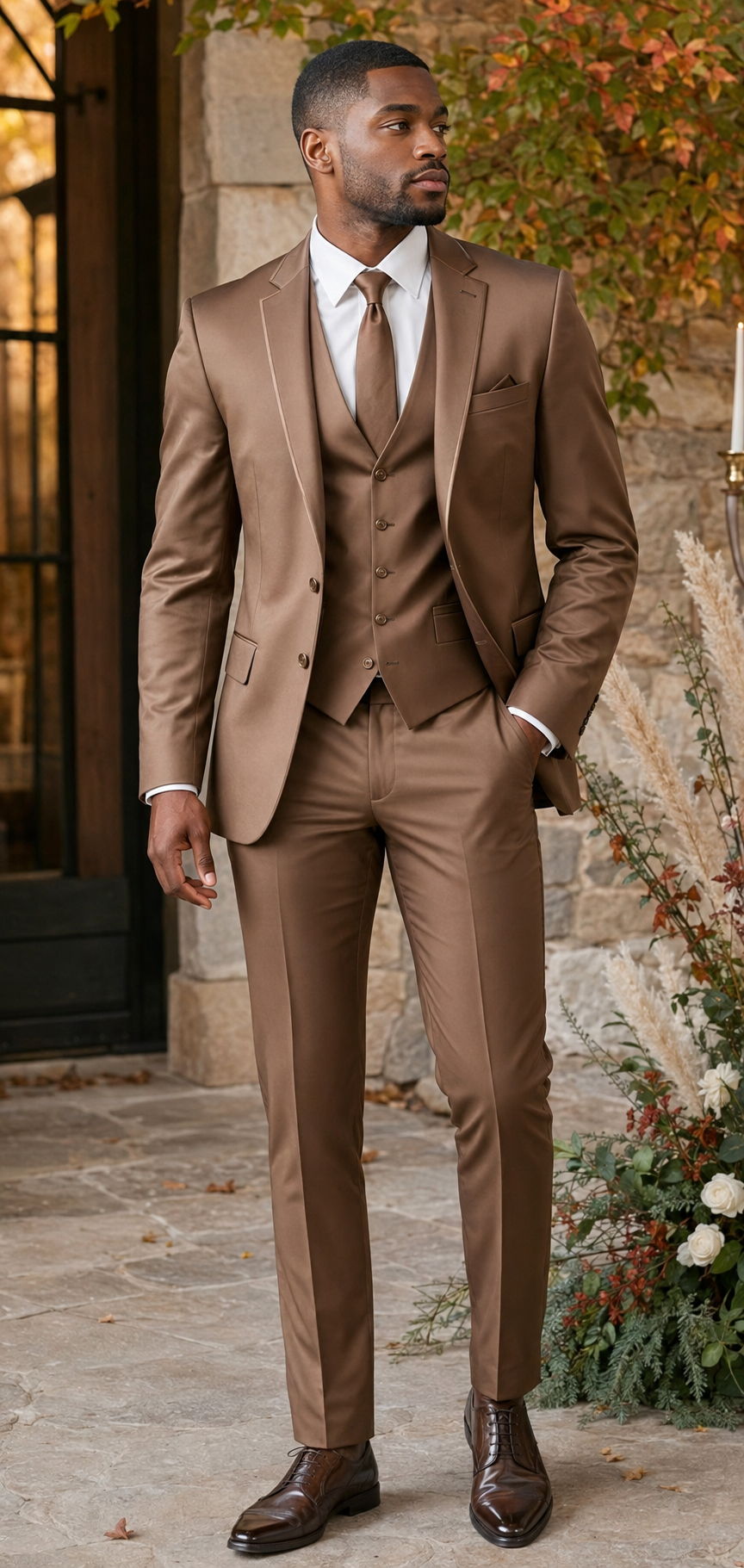 Man wearing cappuccino slim fit three-piece satin suit with matching lapel trim at an autumn wedding venue