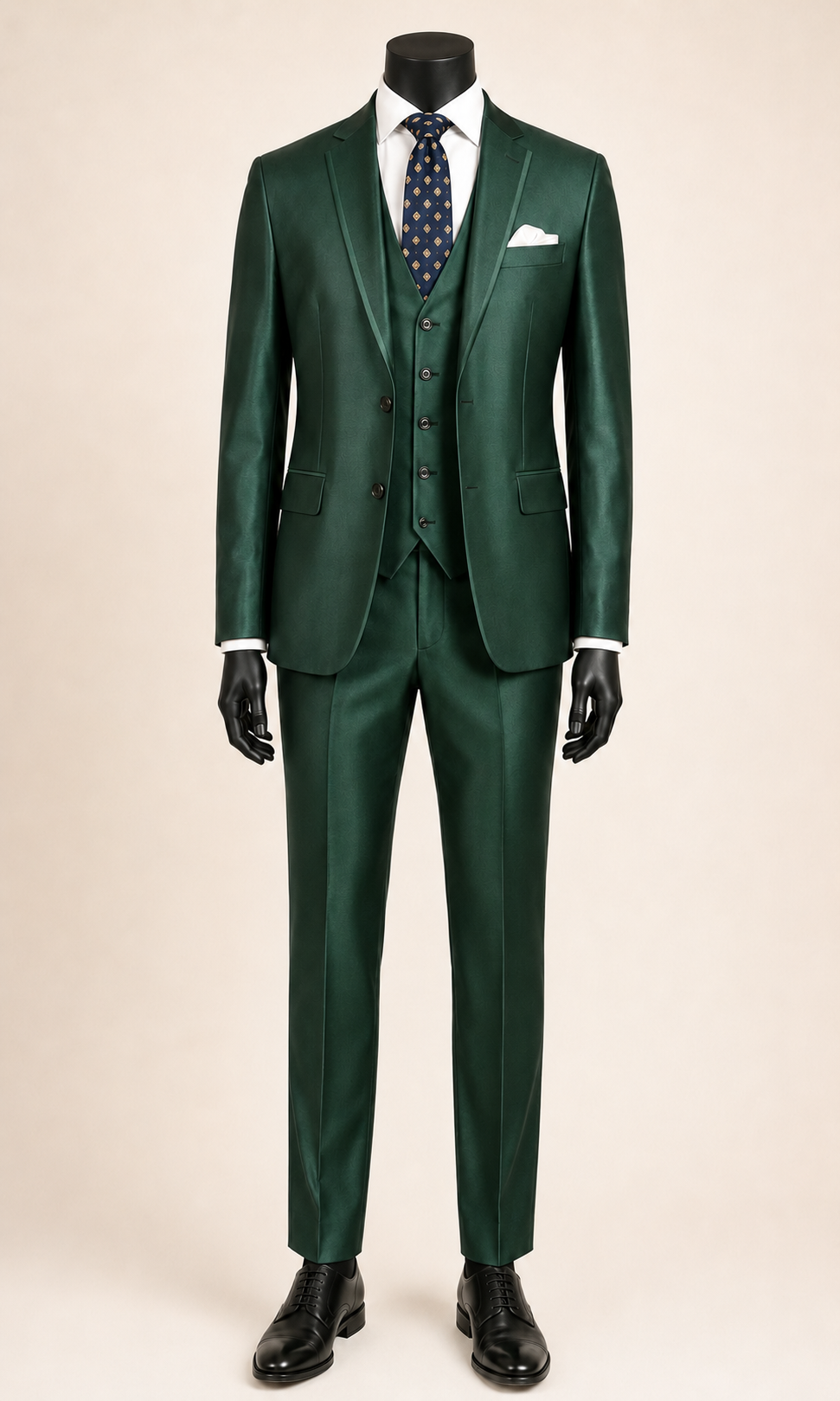 Men's hunter green slim fit three-piece satin suit with matching satin lapel trim