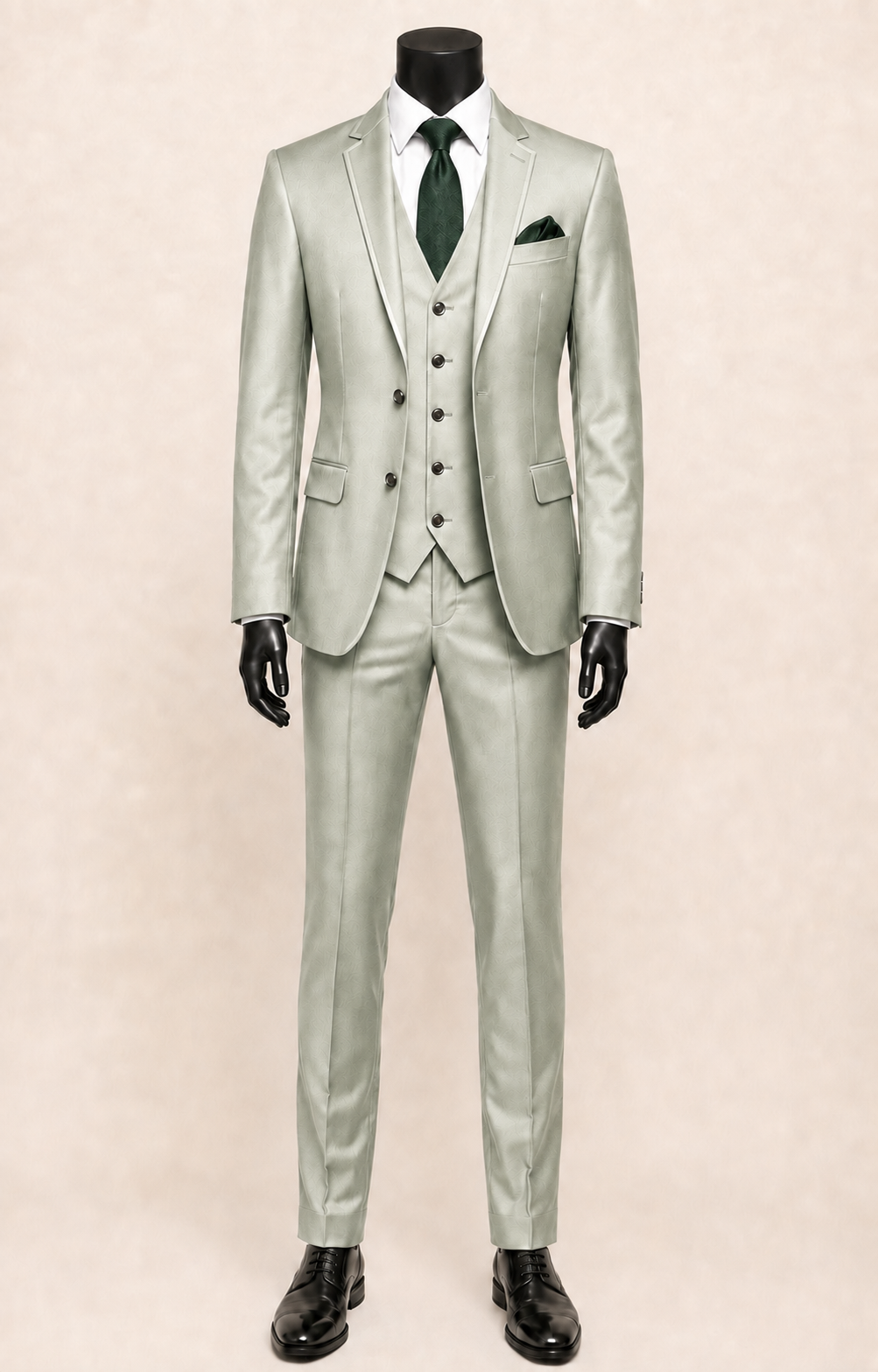 Men's light sage slim fit three-piece satin suit with matching satin lapel trim