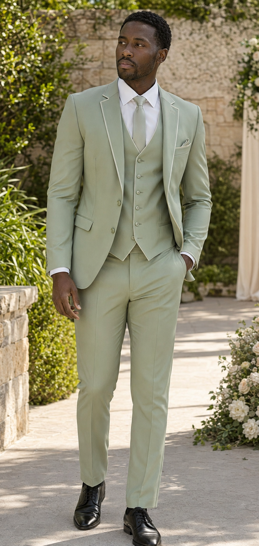 Man wearing light sage slim fit three-piece satin suit with matching lapel trim at a garden wedding