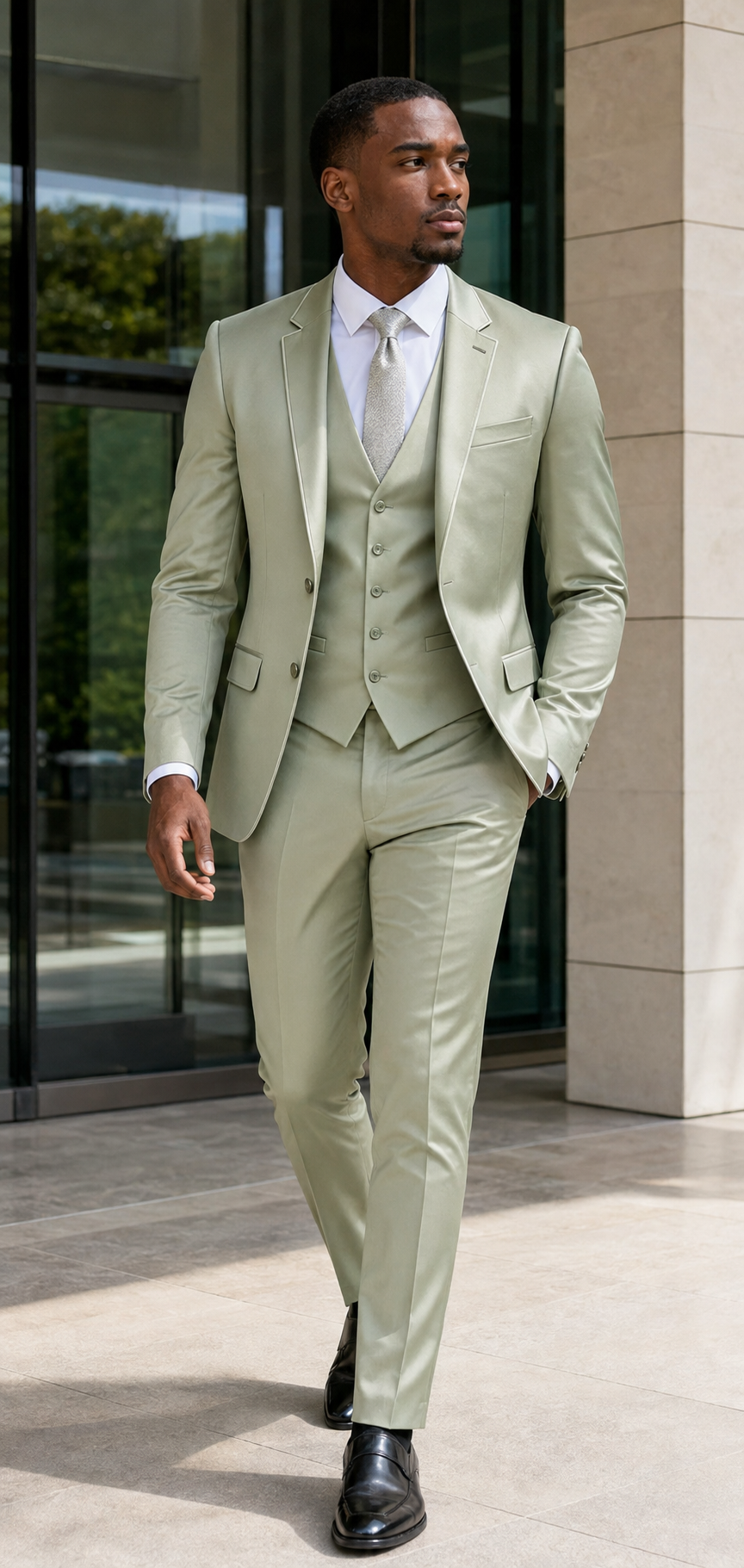 Man wearing light sage slim fit three-piece satin suit with matching lapel trim outside an upscale hotel