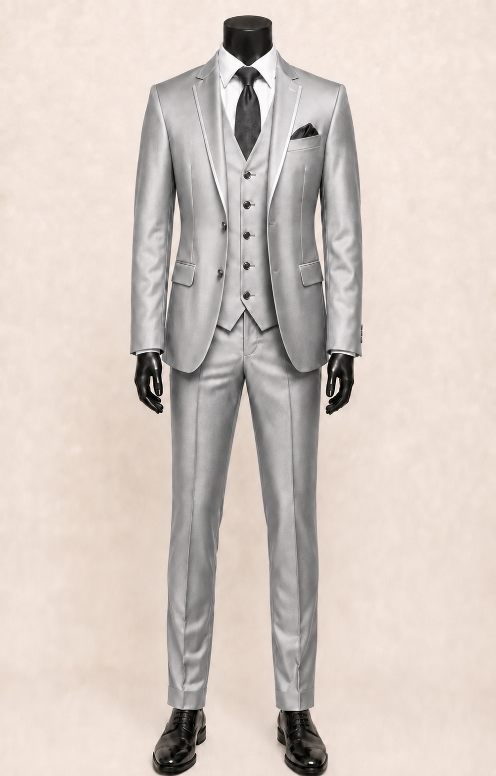 Men's silver slim fit three-piece satin suit with matching satin lapel trim