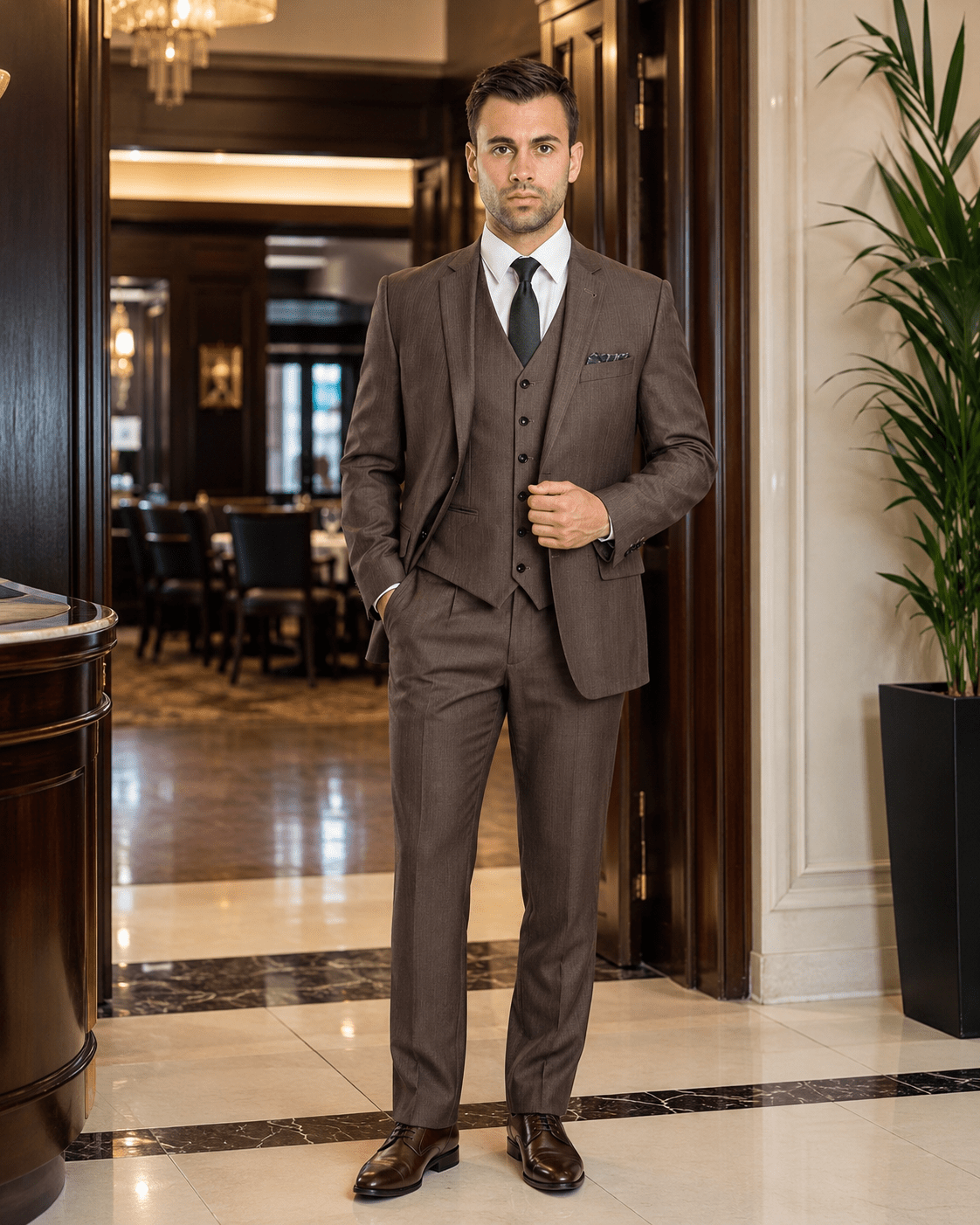 TAZIO COLLECTION-BROWN TEXTURED 3 PIECE SUIT - Upscale Men's Fashion