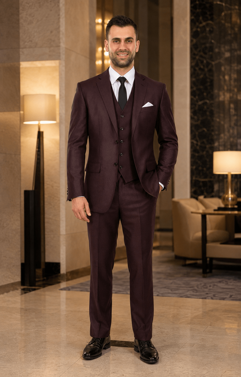 TAZIO COLLECTION-BURGUNDY TEXTURED 3 PIECE SUIT - Upscale Men's Fashion