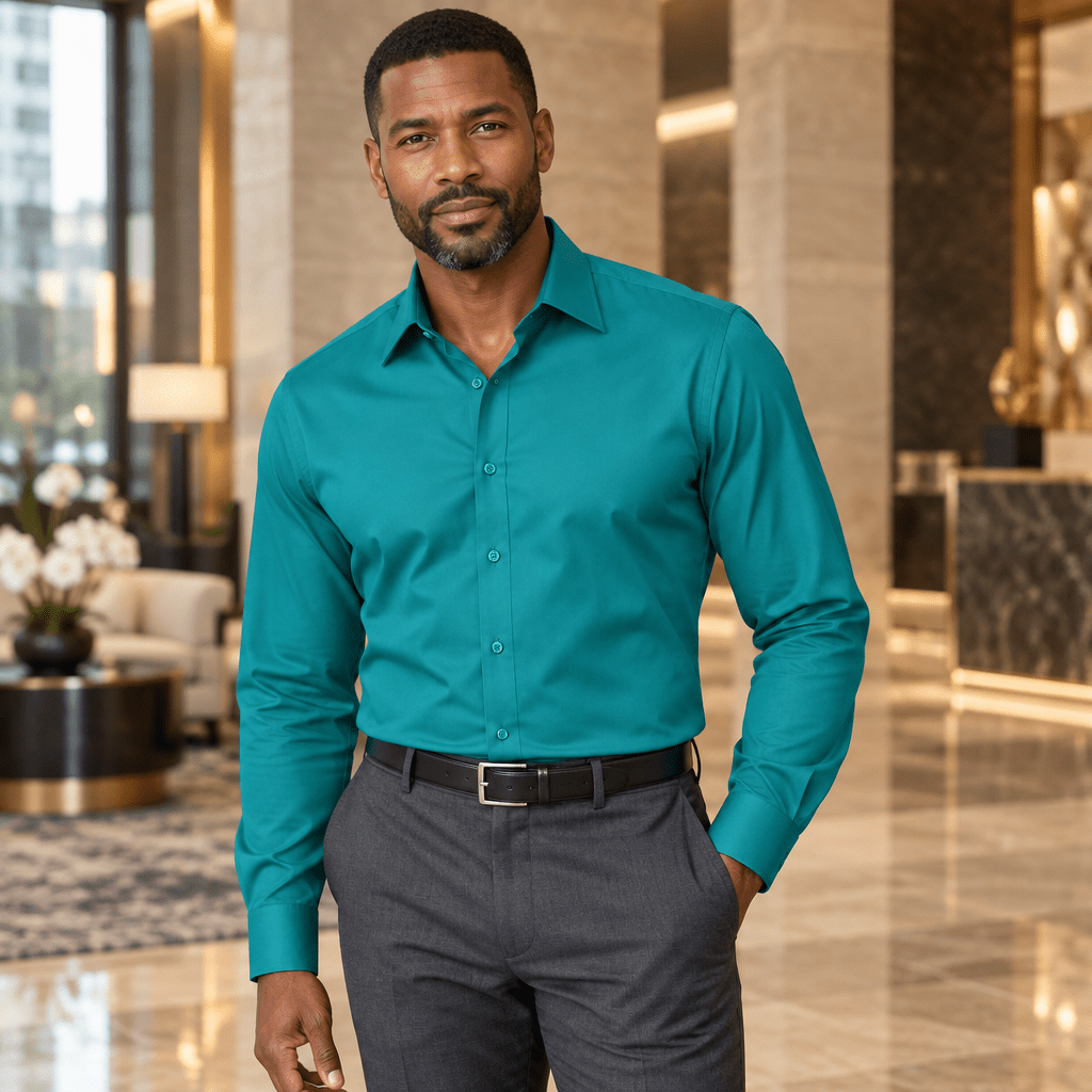 Men's Basic Dress Shirt with Convertible Cuff -Color Teal - Upscale Men's Fashion