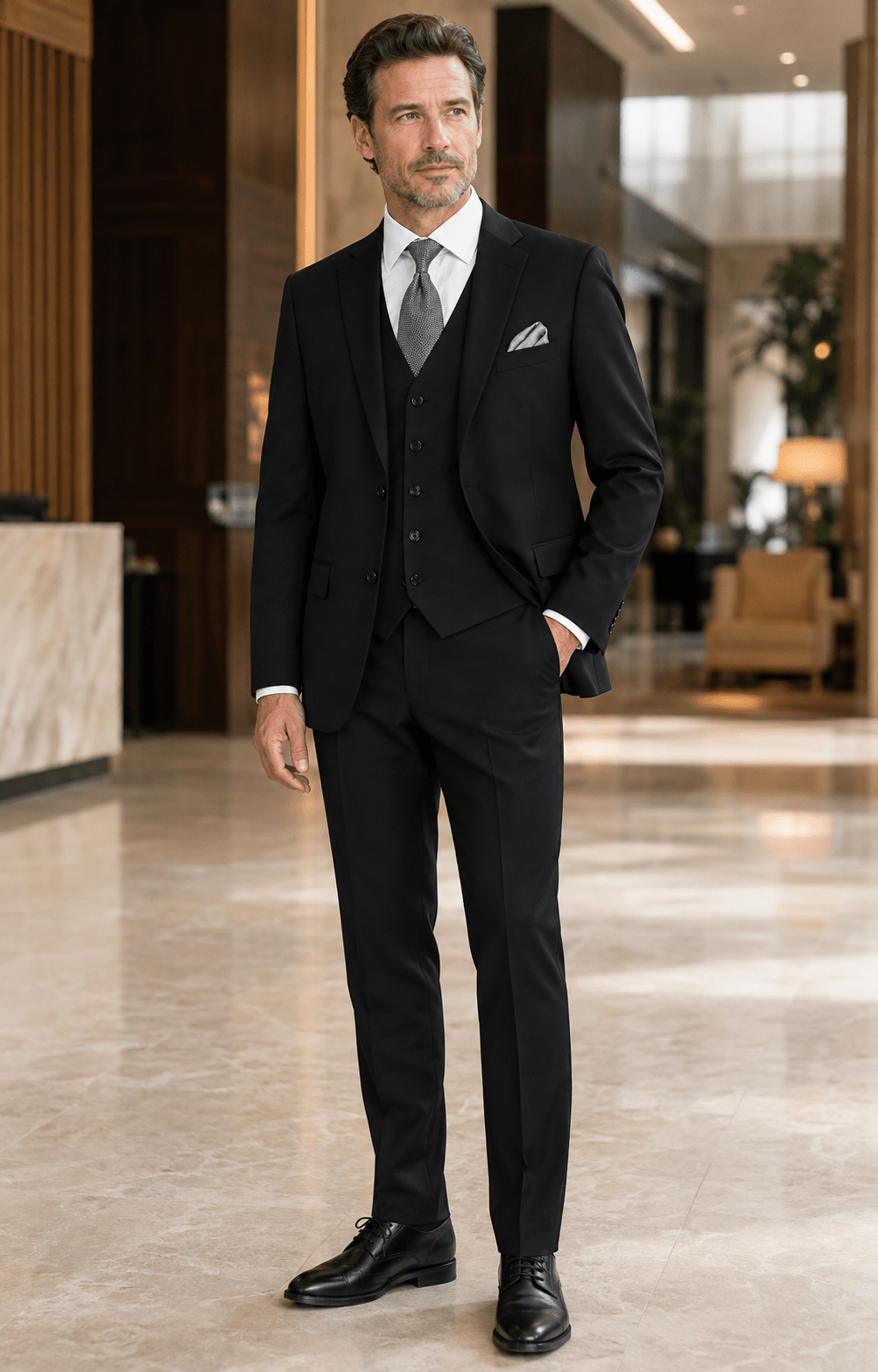 Torino Collection – Men’s Regular Fit Three-Piece Suit with Vest in Solid Black - Upscale Men's Fashion