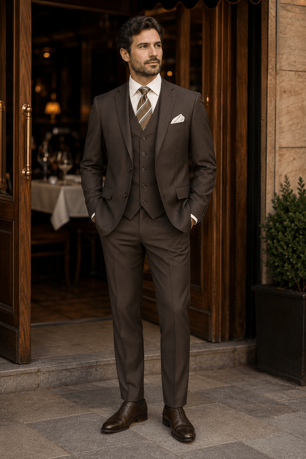 Torino Collection – Men’s Regular Fit Three-Piece Suit with Vest in Solid Brown - Upscale Men's Fashion