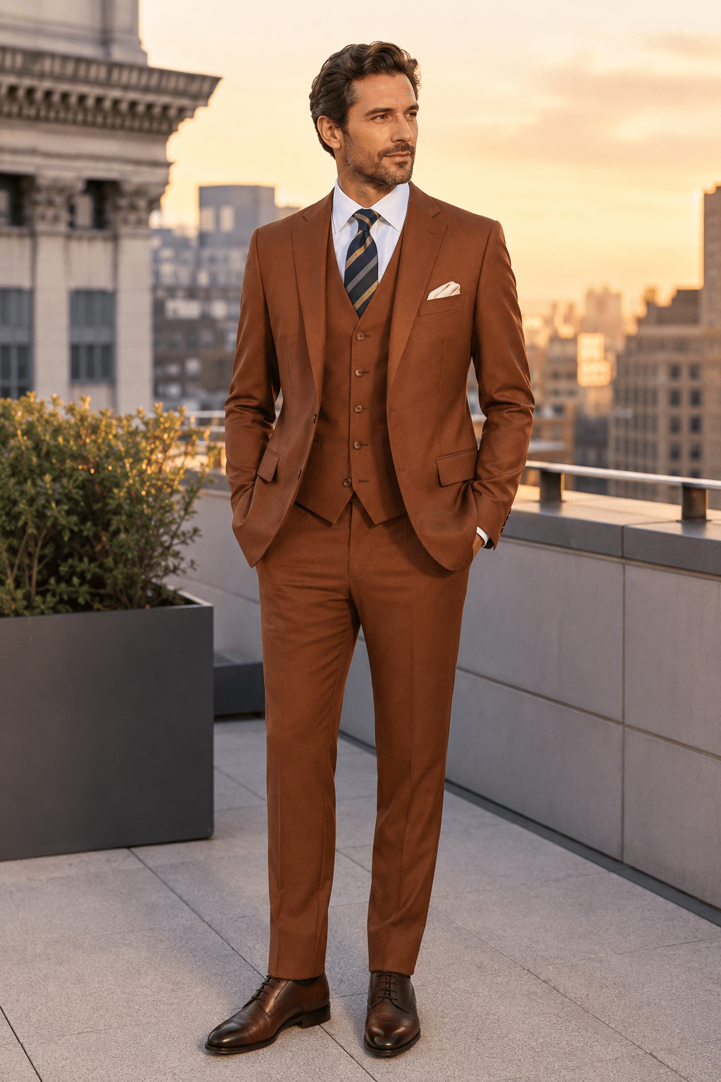 Torino Collection – Men’s Regular Fit Three-Piece Suit with Vest in Solid Cognac - Upscale Men's Fashion