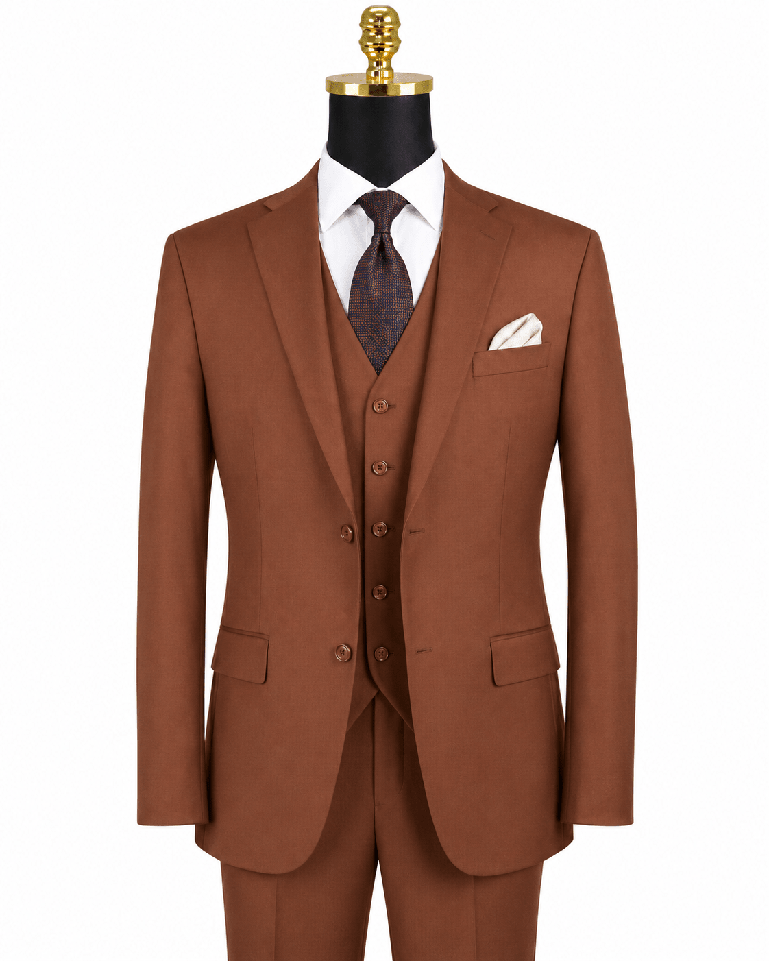 Torino Collection – Men’s Regular Fit Three-Piece Suit with Vest in Solid Cognac - Upscale Men's Fashion