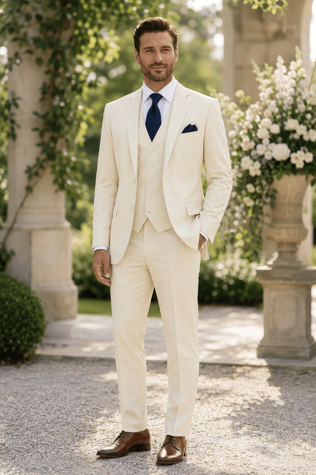 Torino Collection – Men’s Regular Fit Three-Piece Suit with Vest in Solid Ivory - Upscale Men's Fashion