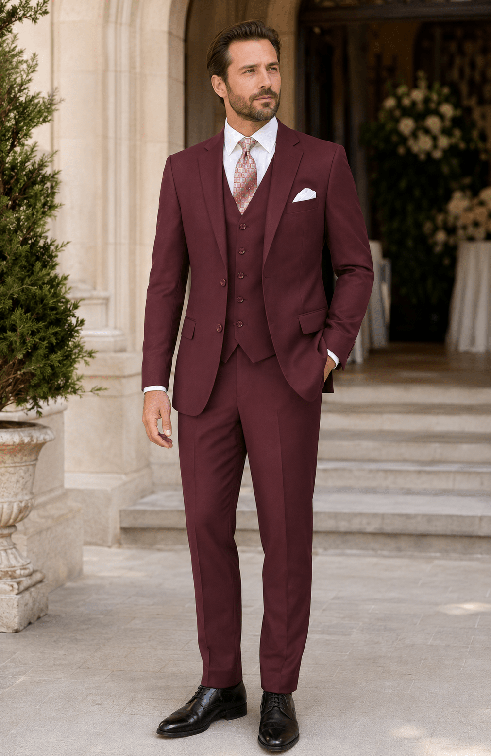 Torino Collection – Men’s Regular Fit Three-Piece Suit with Vest in Solid Maroon - Upscale Men's Fashion