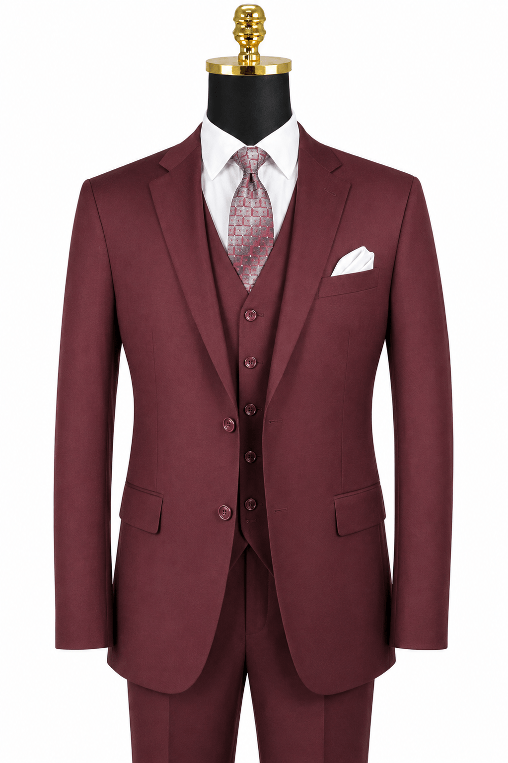 Torino Collection – Men’s Regular Fit Three-Piece Suit with Vest in Solid Maroon - Upscale Men's Fashion