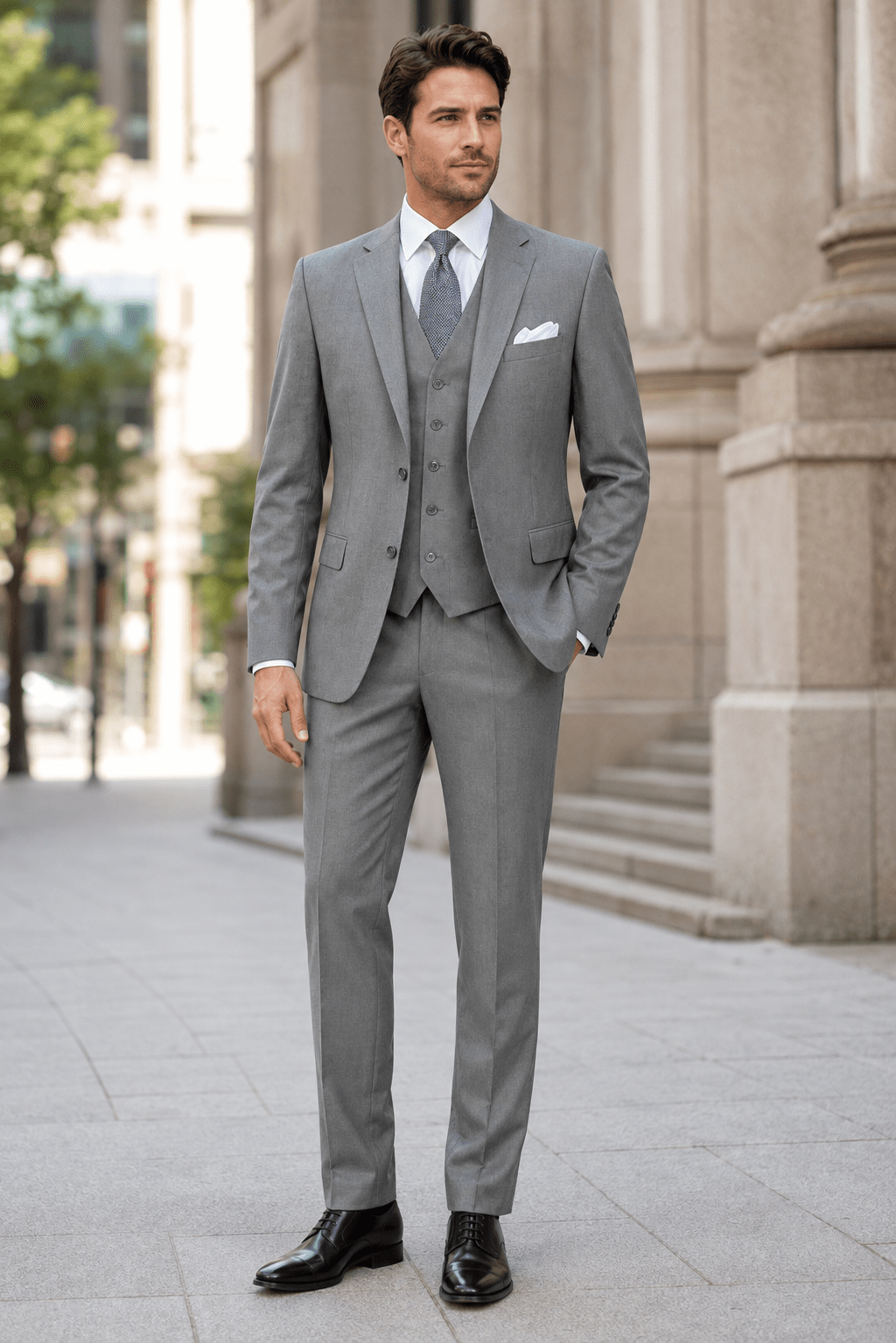 Torino Collection – Men’s Regular Fit Three-Piece Suit with Vest in Solid Medium Grey - Upscale Men's Fashion