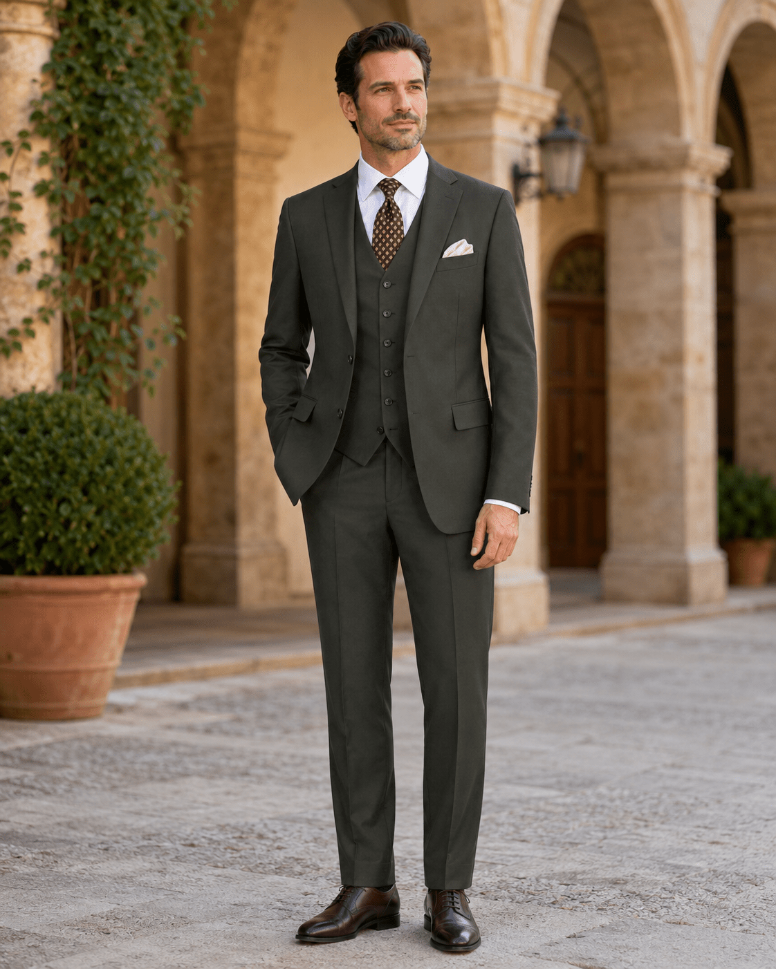 Torino Collection – Men’s Regular Fit Three-Piece Suit with Vest in Solid Olive - Upscale Men's Fashion