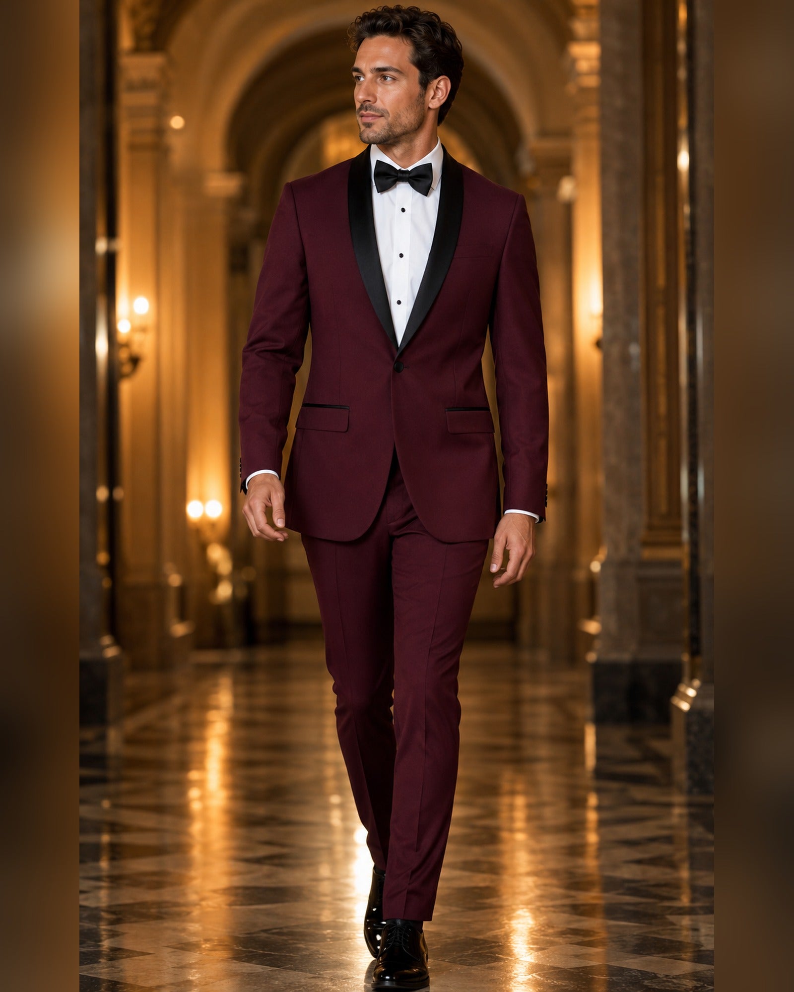 Burgundy Tuxedo Slim Fit with Narrow Black Shawl Lapel & Burgundy Pants - Upscale Men's Fashion