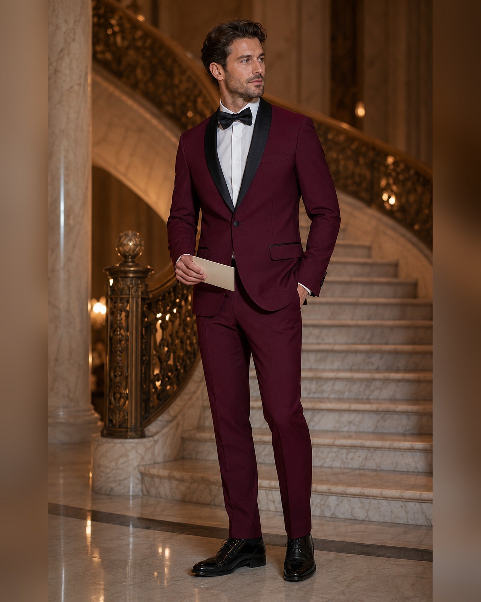 Burgundy Tuxedo Slim Fit with Narrow Black Shawl Lapel & Burgundy Pants - Upscale Men's Fashion