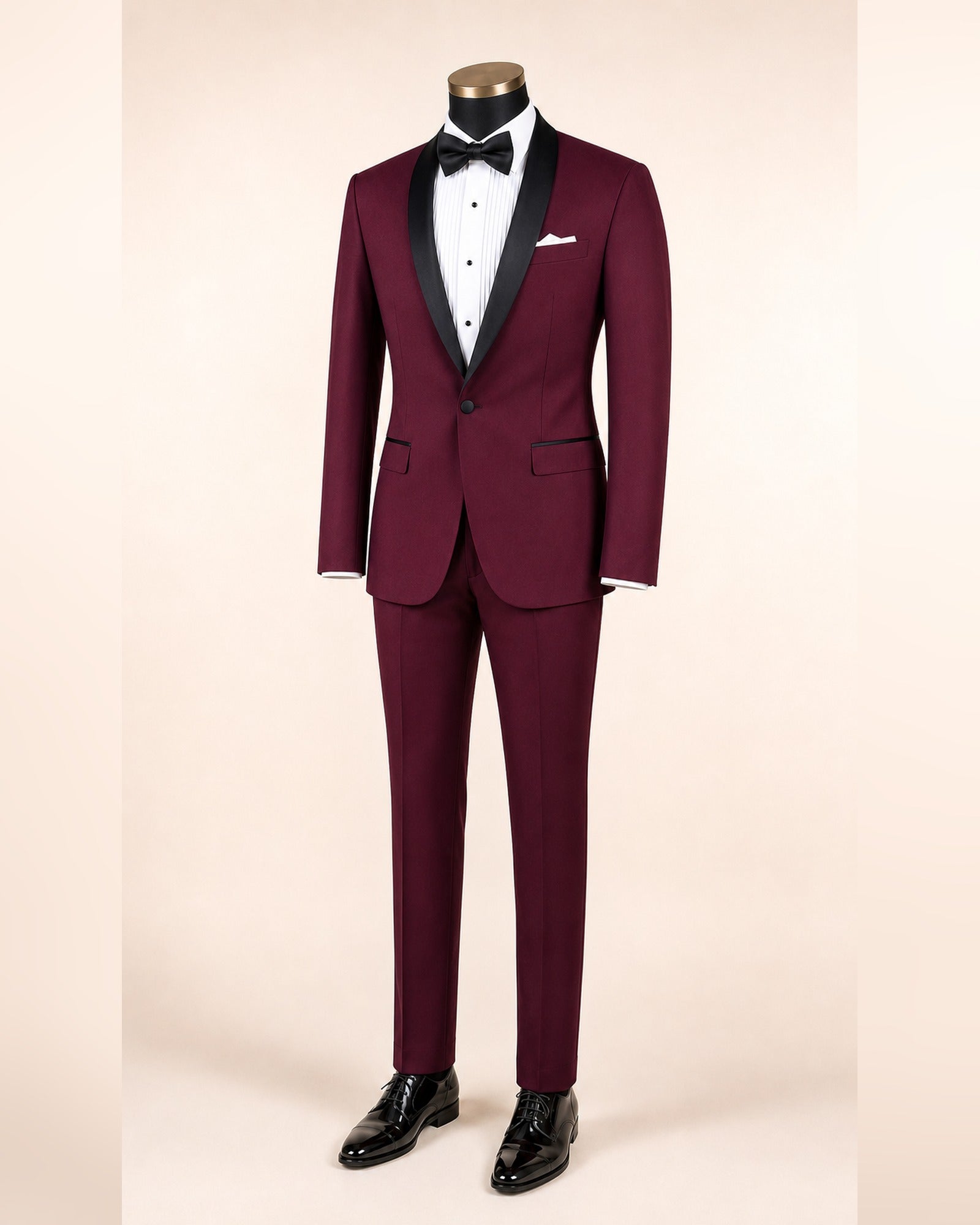 Burgundy Tuxedo Slim Fit with Narrow Black Shawl Lapel & Burgundy Pants - Upscale Men's Fashion