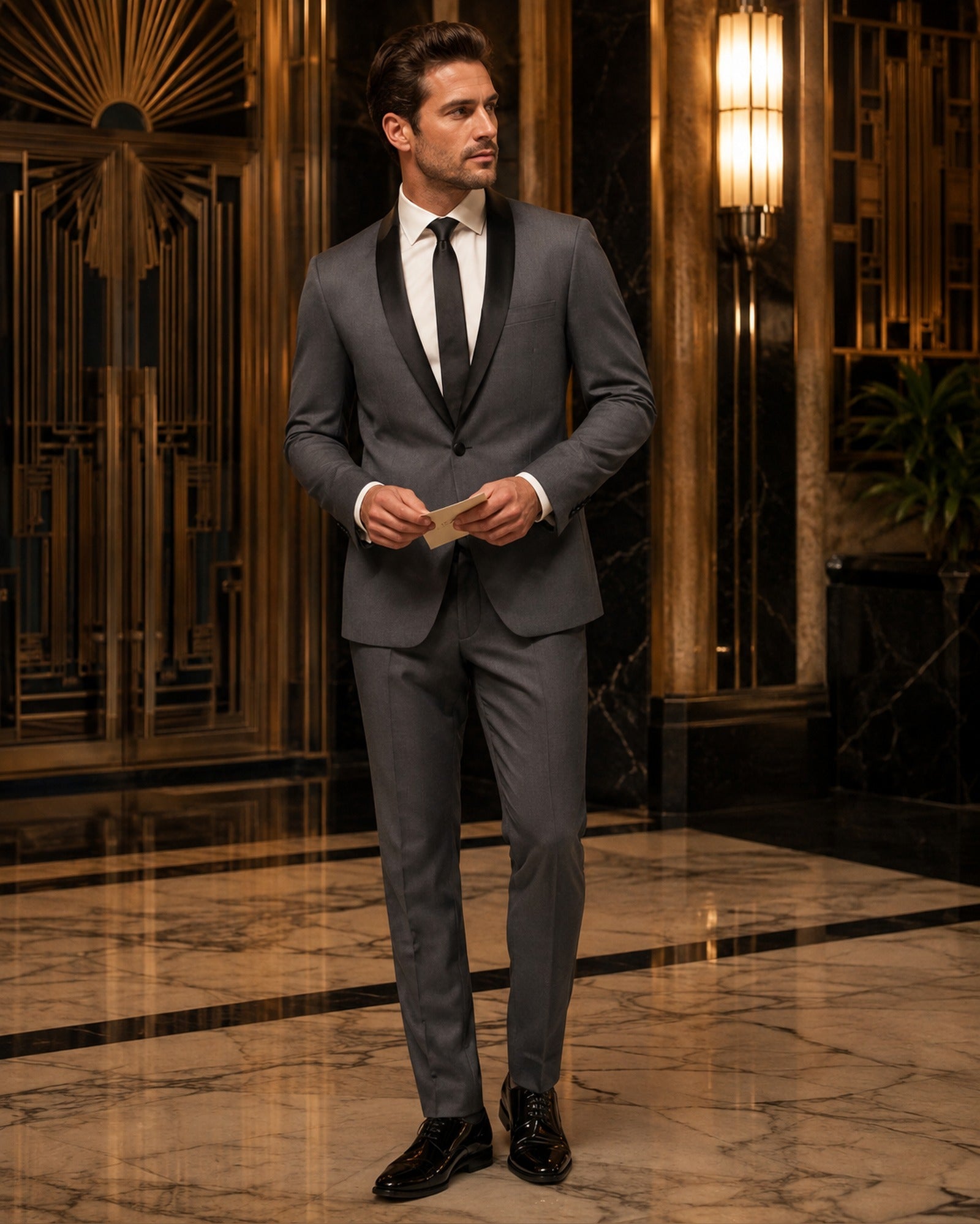 Heather Gray Slim Fit Tuxedo with Narrow Black Shawl Lapel & matching Pants - Upscale Men's Fashion