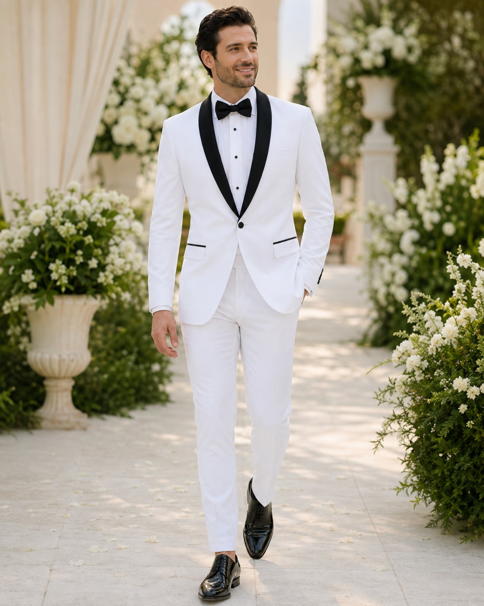 White Slim Fit Tuxedo with Black Shawl Lapel & White Pants - Upscale Men's Fashion