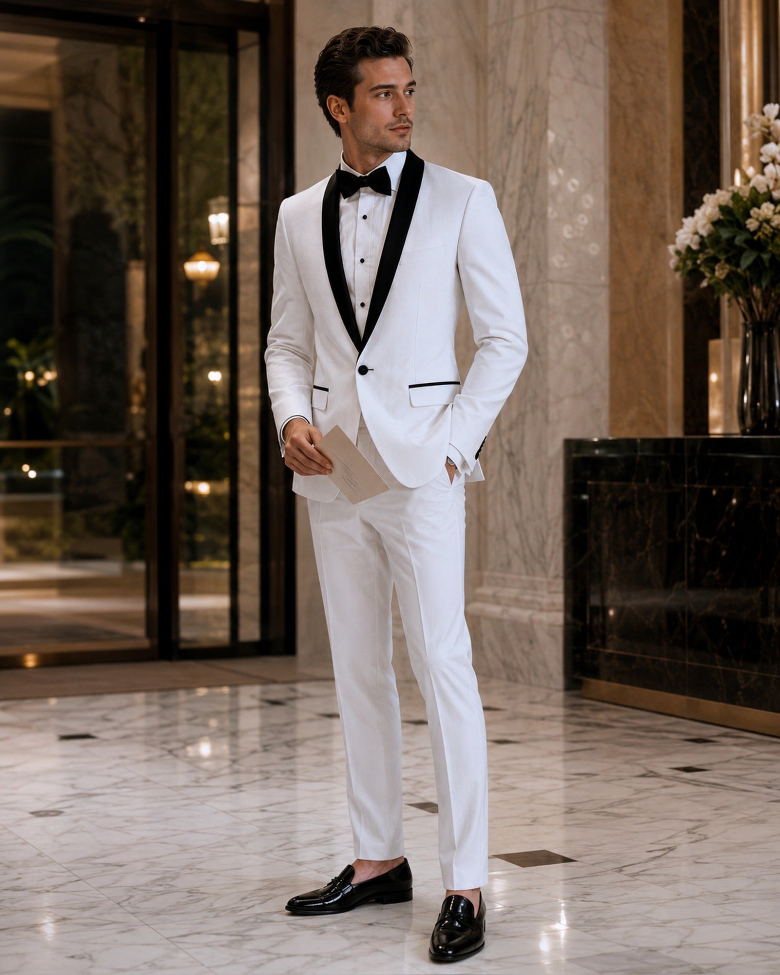 White Slim Fit Tuxedo with Black Shawl Lapel & White Pants - Upscale Men's Fashion
