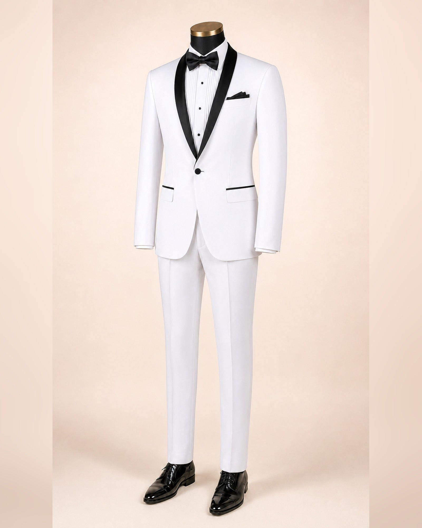 White Slim Fit Tuxedo with Black Shawl Lapel & White Pants - Upscale Men's Fashion