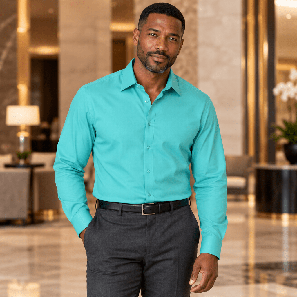Men's Basic Dress Shirt with Convertible Cuff -Turquoise - Upscale Men's Fashion