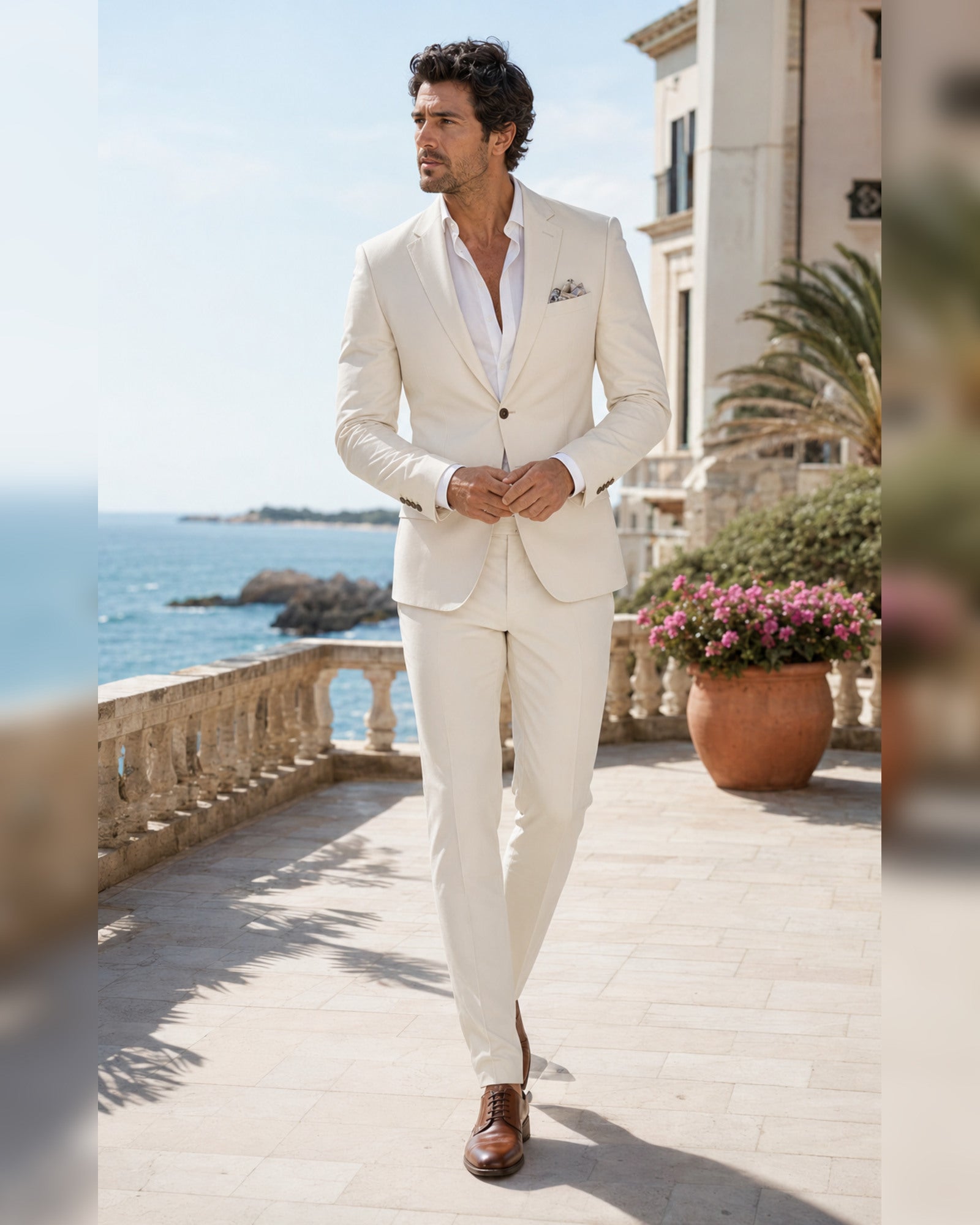 Men's bone white slim fit two-piece suit lifestyle