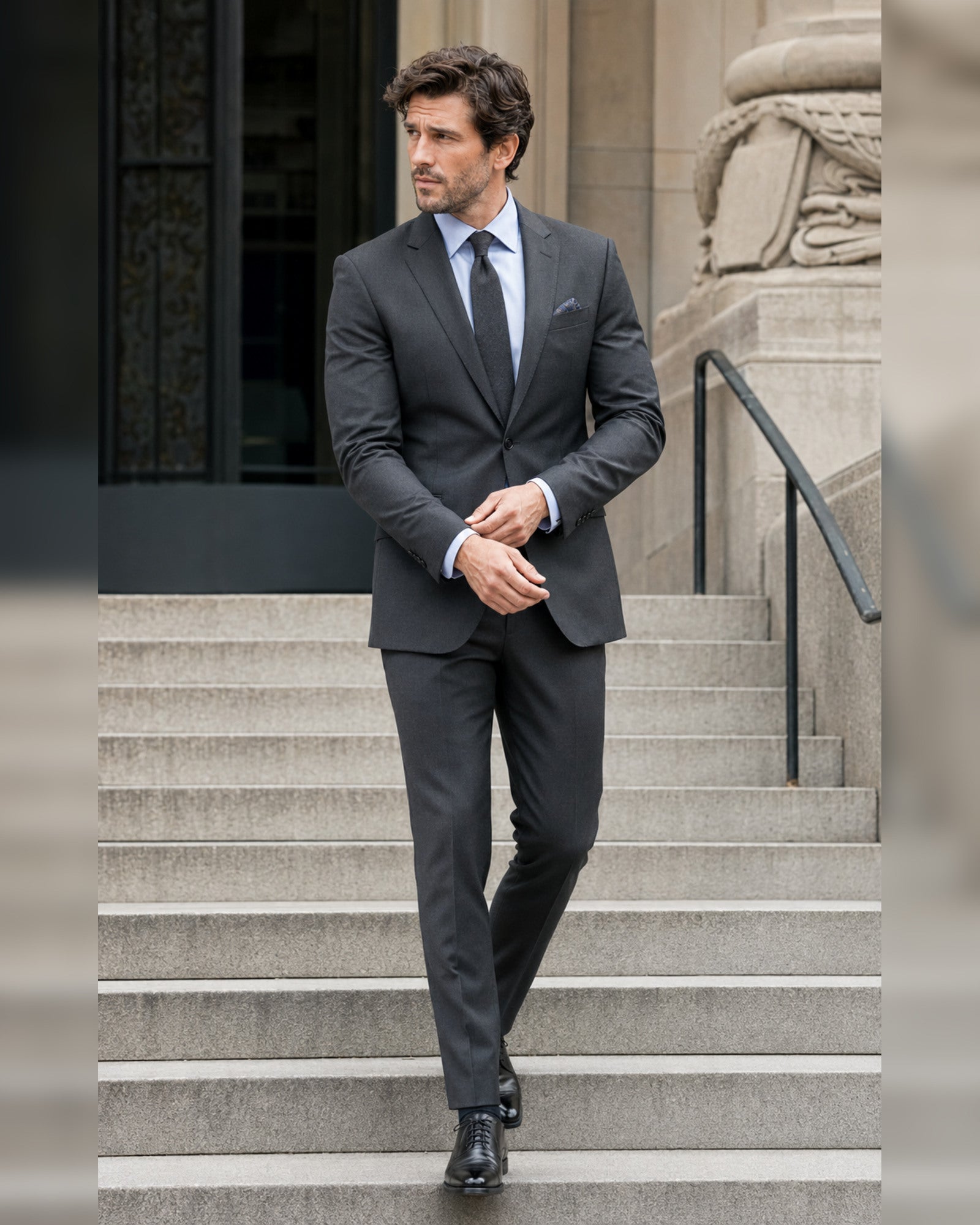 Men's charcoal slim fit two-piece suit lifestyle