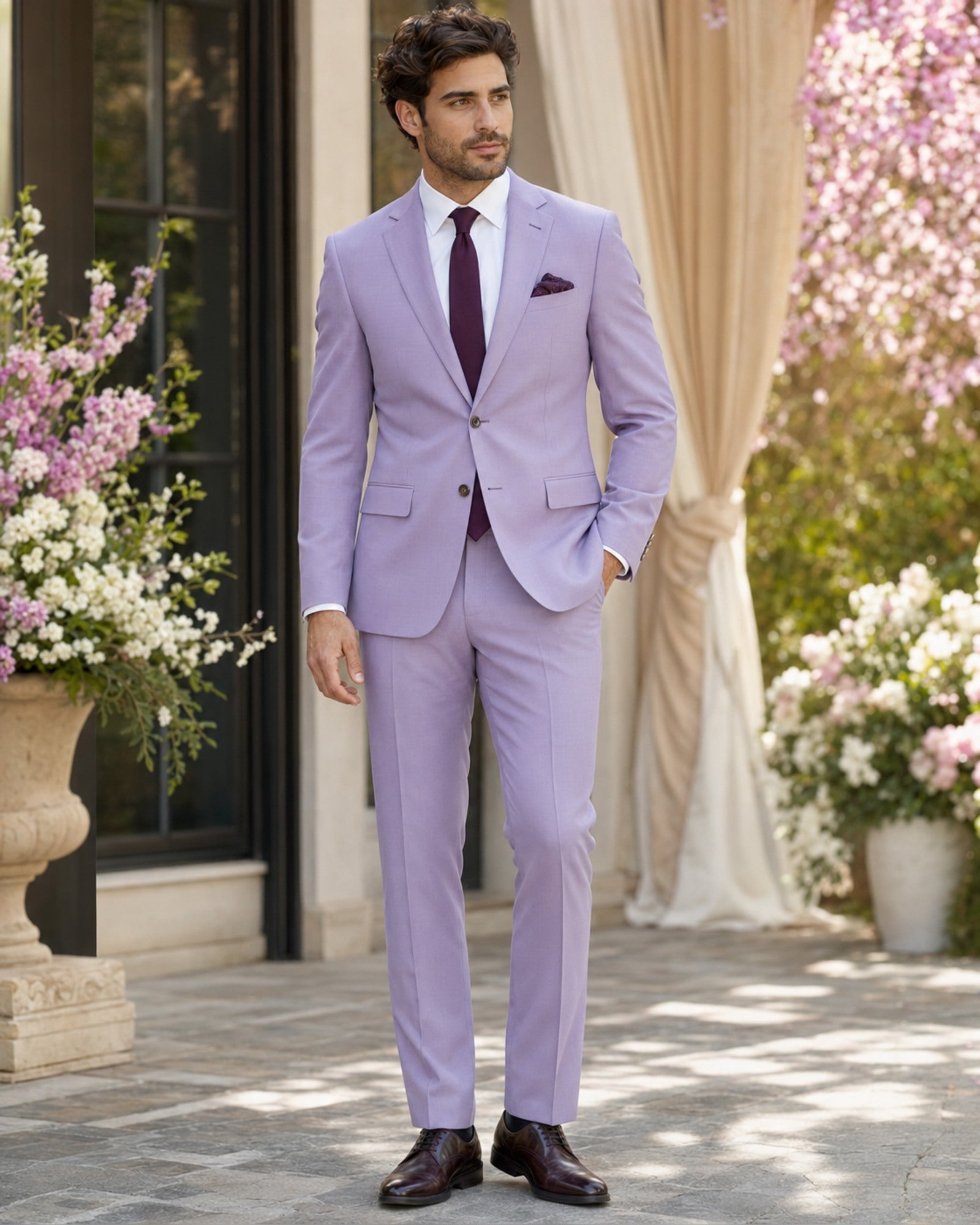 Men wearing lavender slim fit stretch two-piece suit