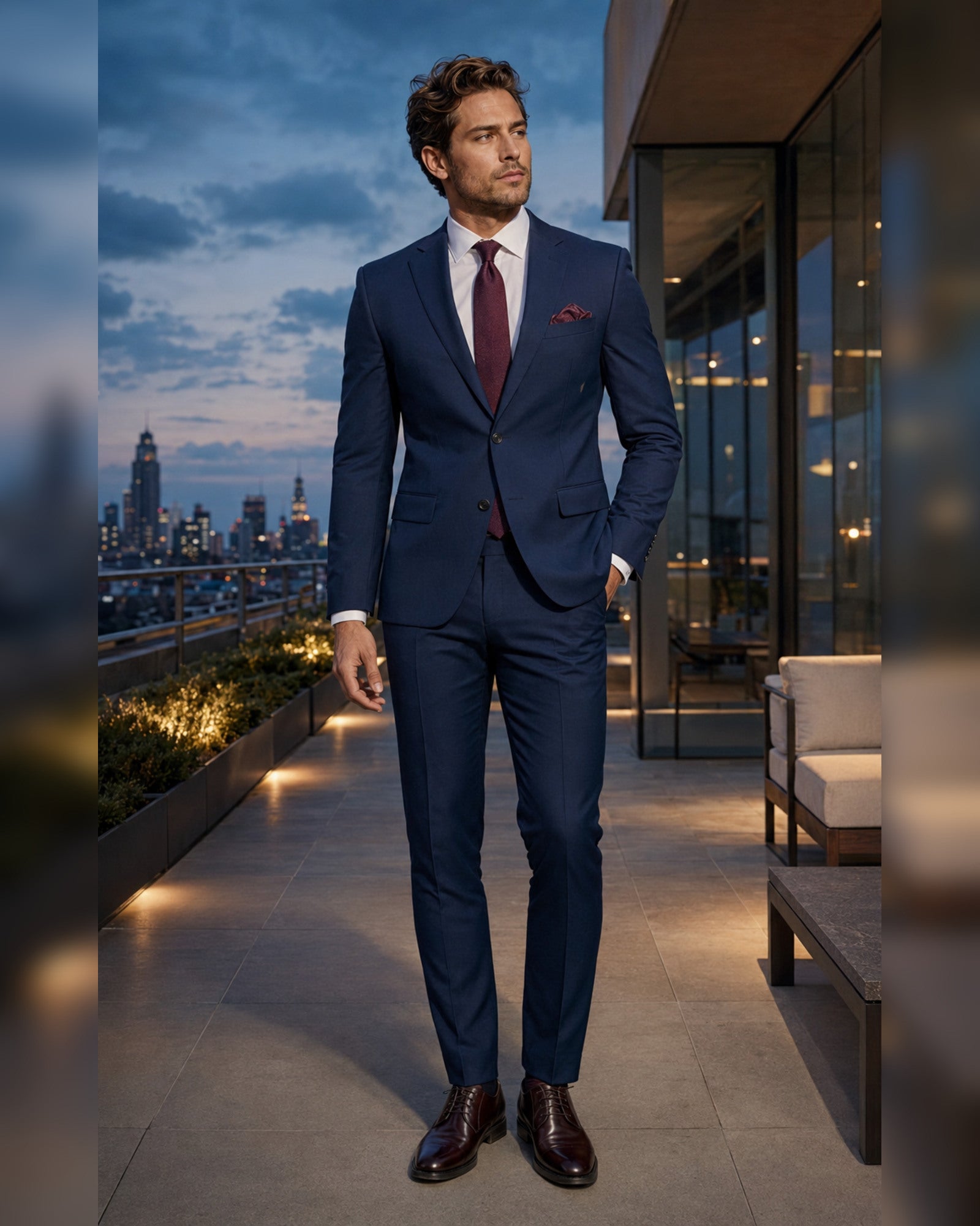 Men wearing navy slim fit stretch two-piece suit