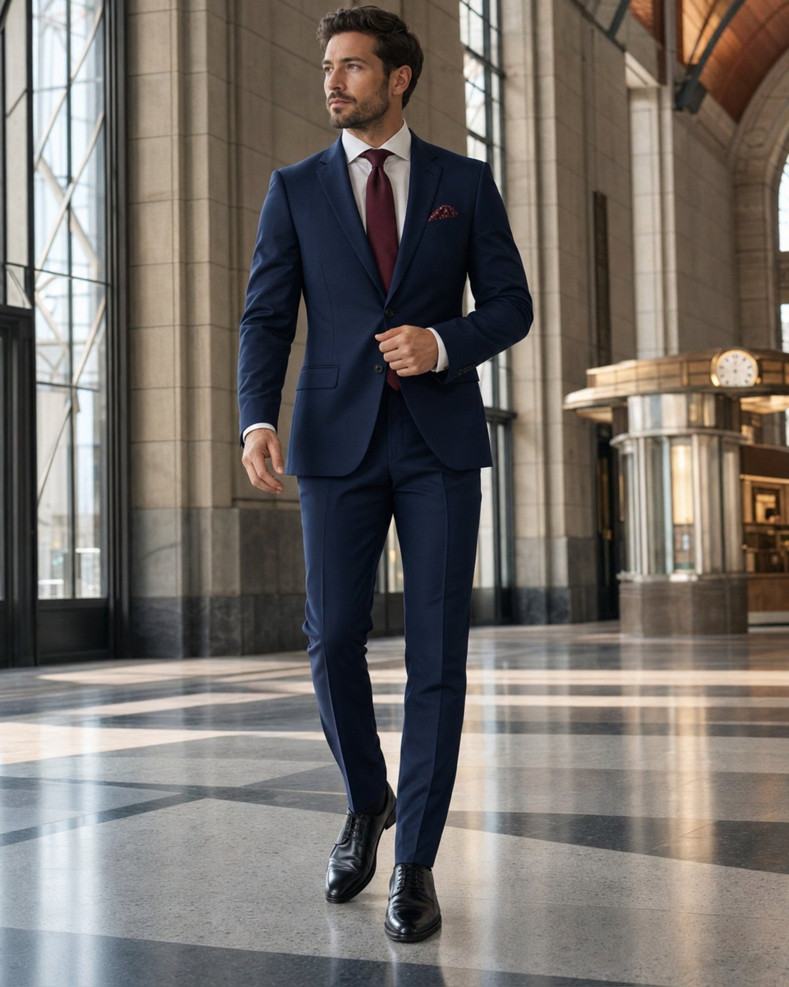Men's navy slim fit two-piece suit lifestyle