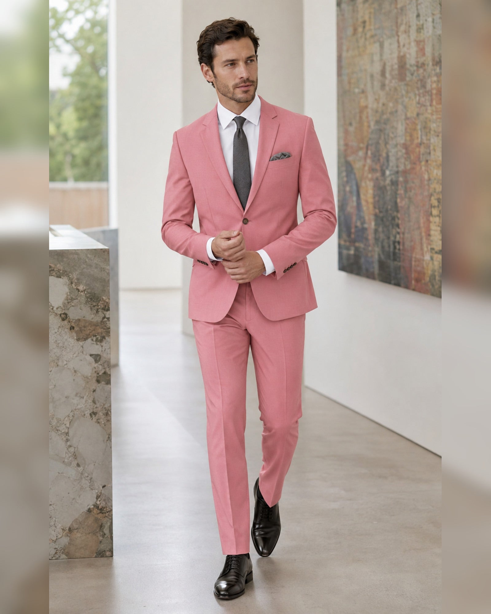 Men's pink slim fit two-piece suit lifestyle