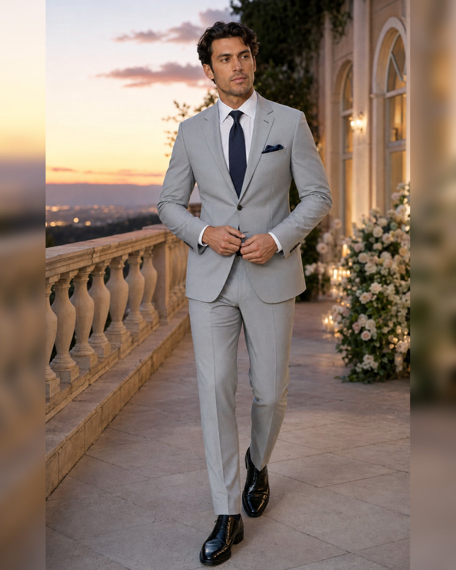 Men's silver slim fit two-piece suit lifestyle