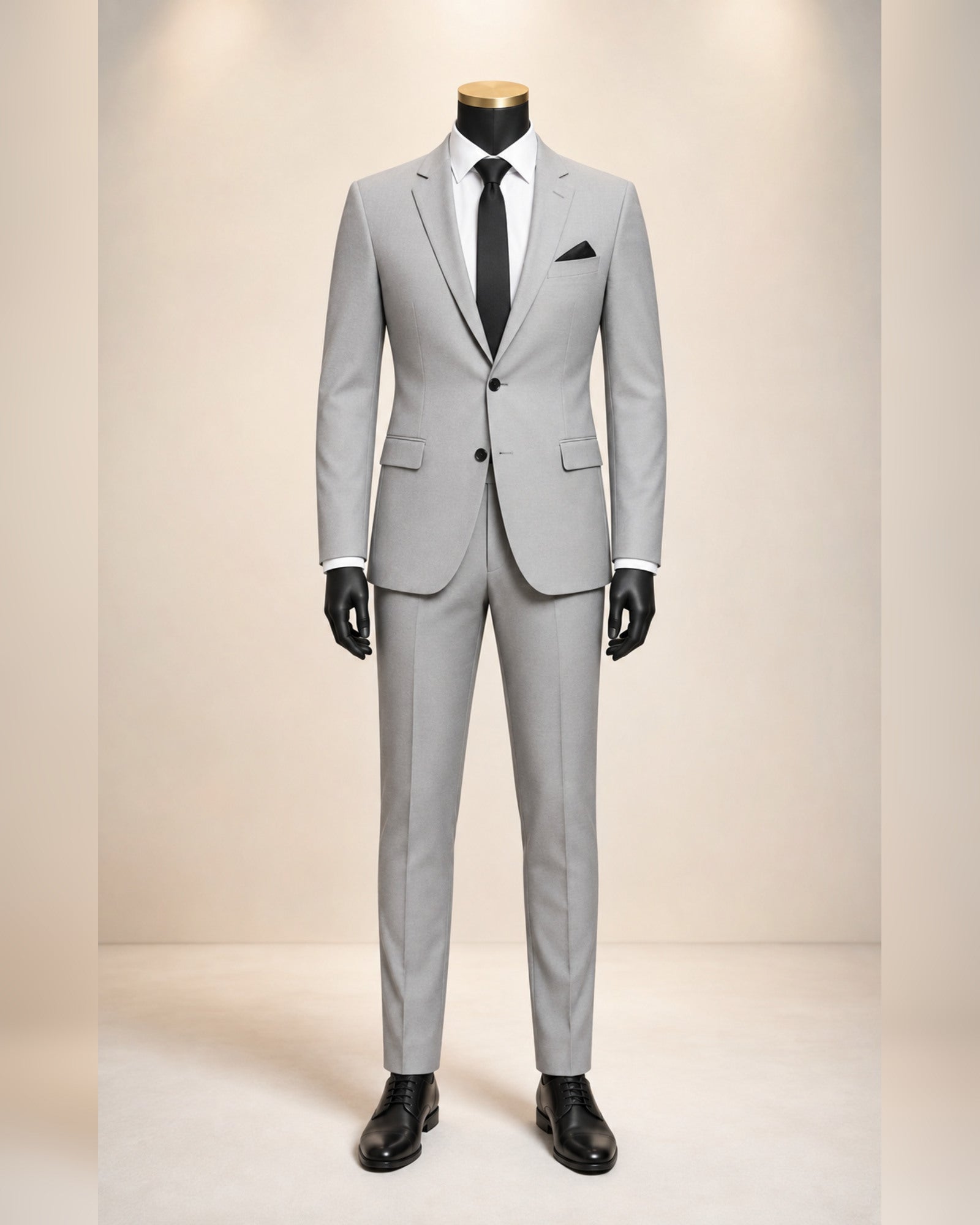 Men's silver slim fit stretch two-piece suit on black mannequin with gold top