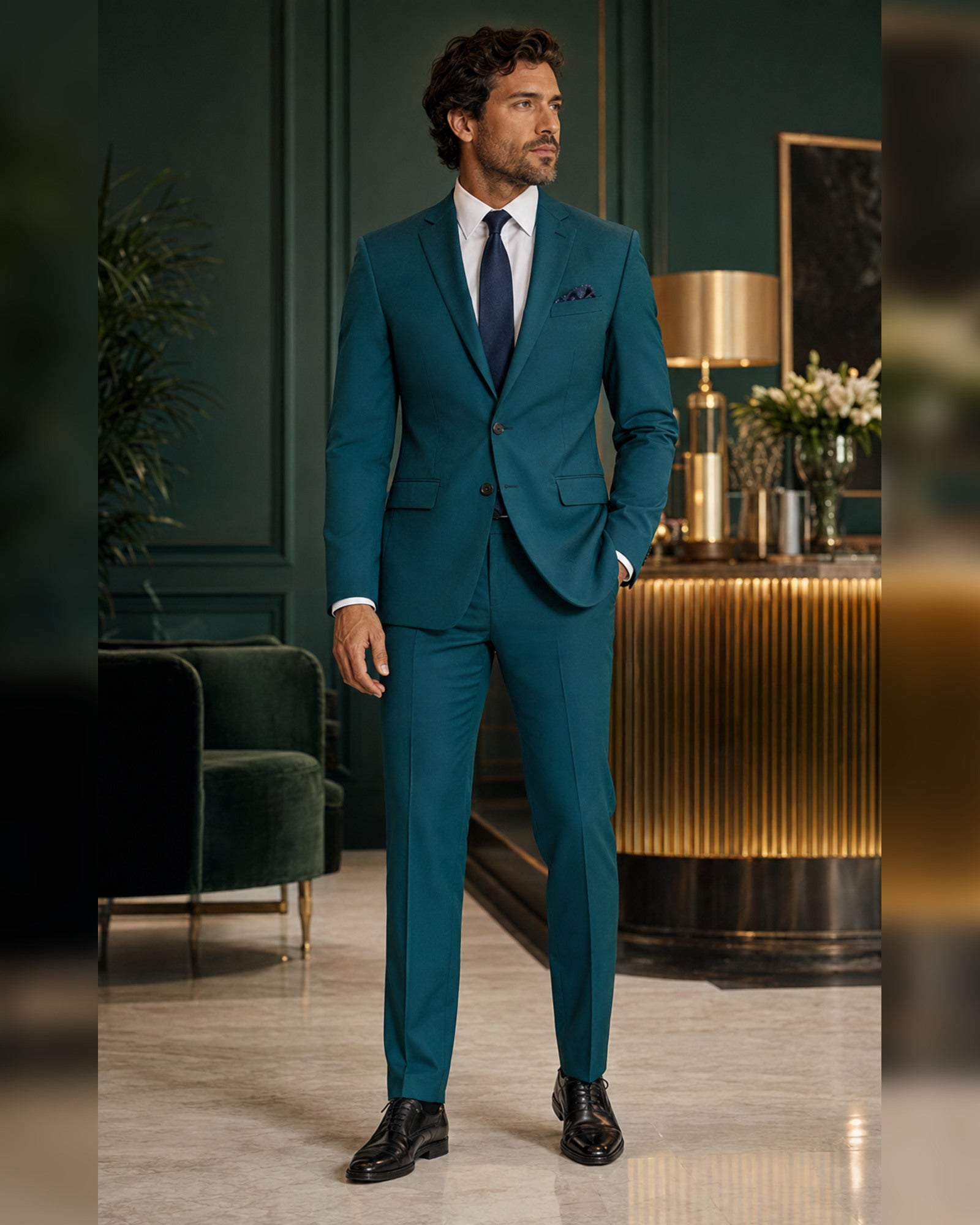 Men wearing teal slim fit stretch two-piece suit