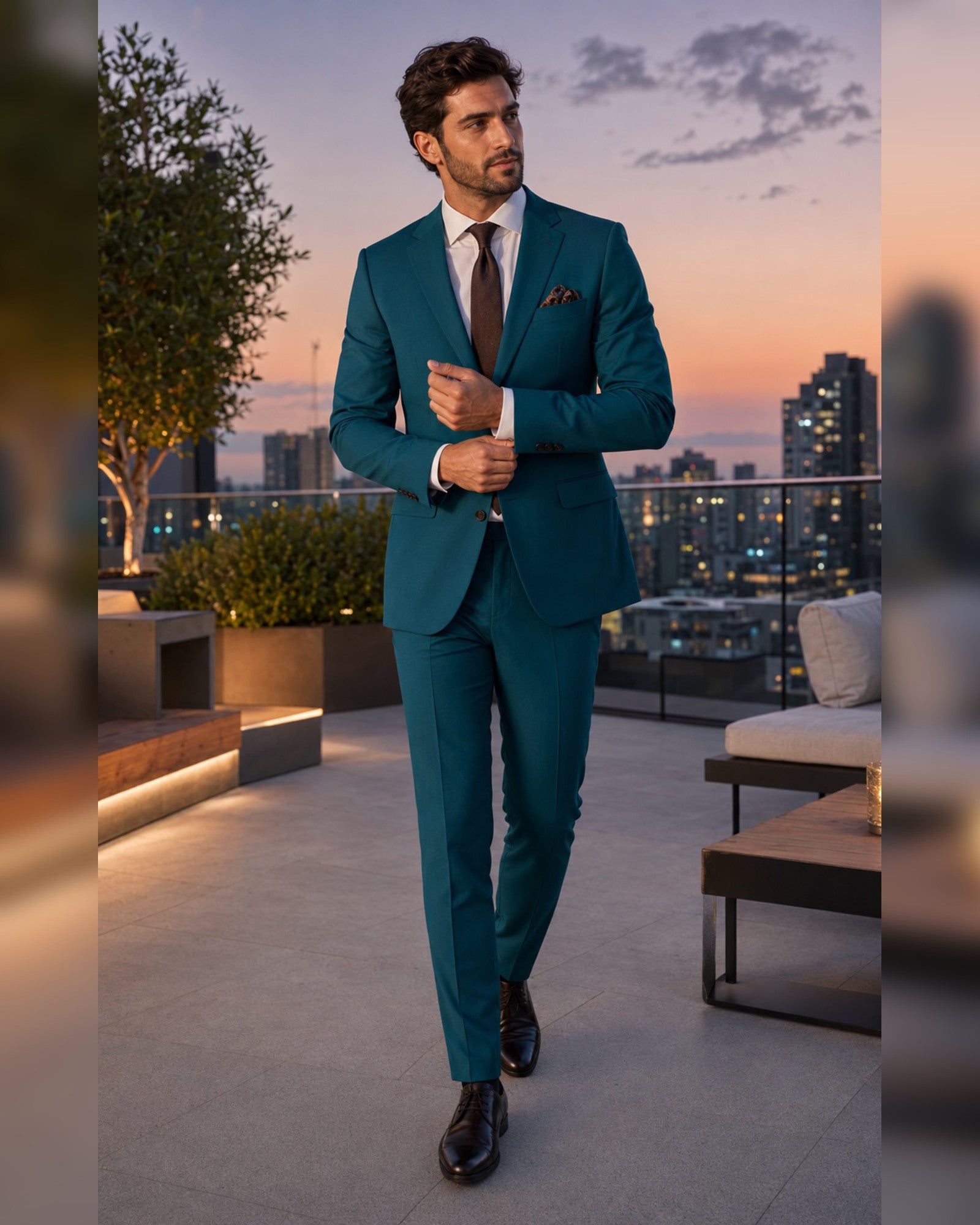Men's teal slim fit two-piece suit lifestyle