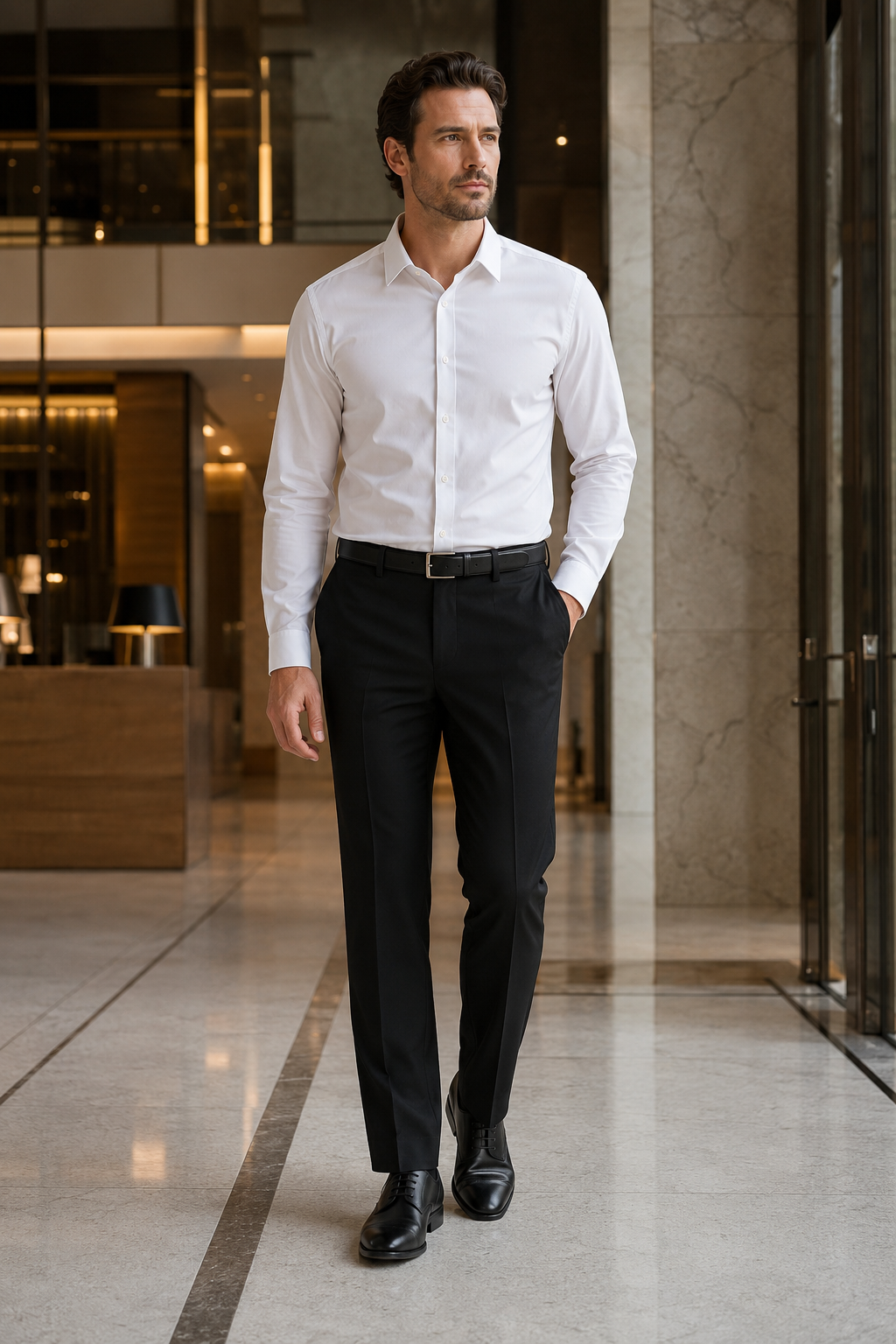 Man wearing Vinci black modern fit dress pants