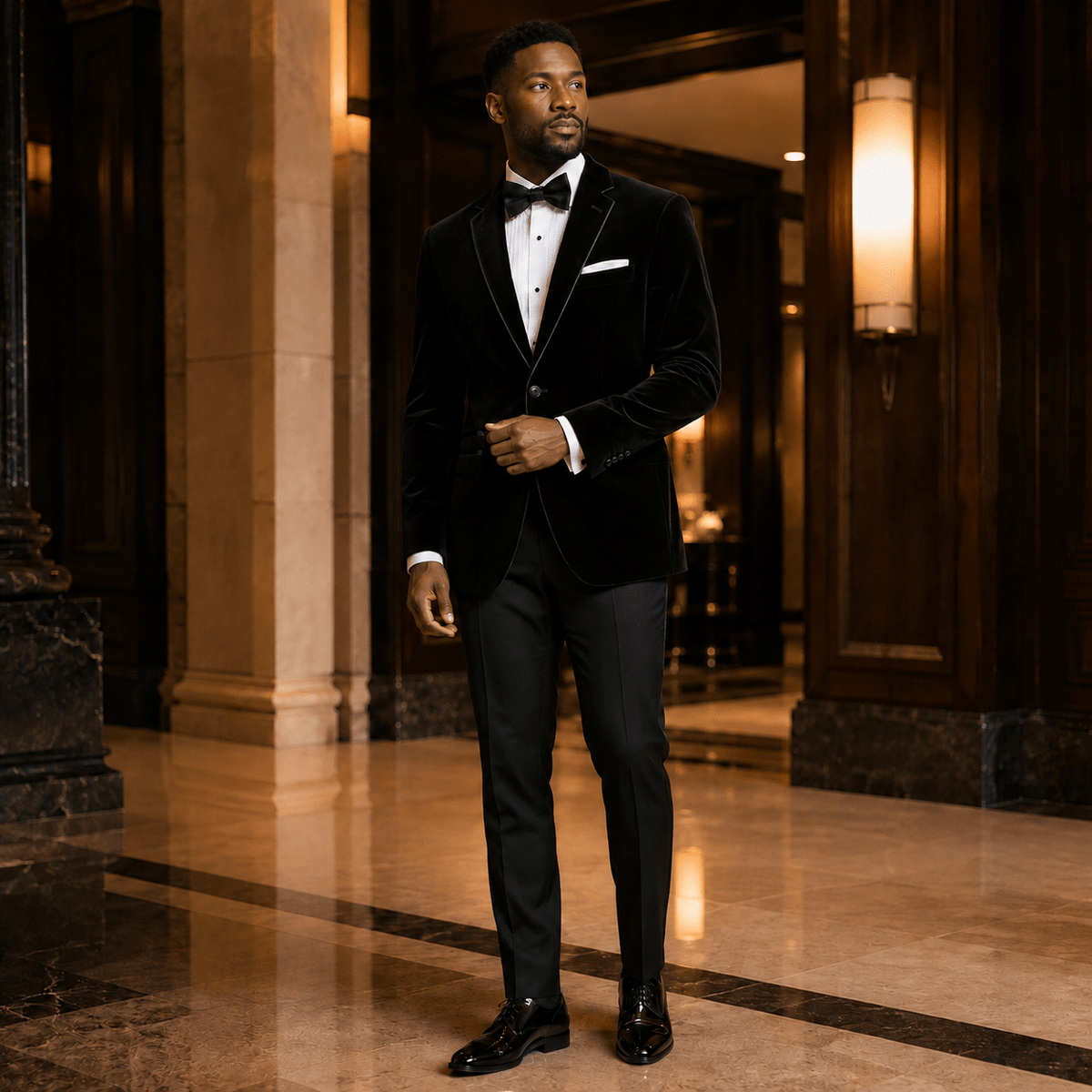 Men's Black Velvet Regular Fit Sport Coat with Black Trim - Upscale Men's Fashion