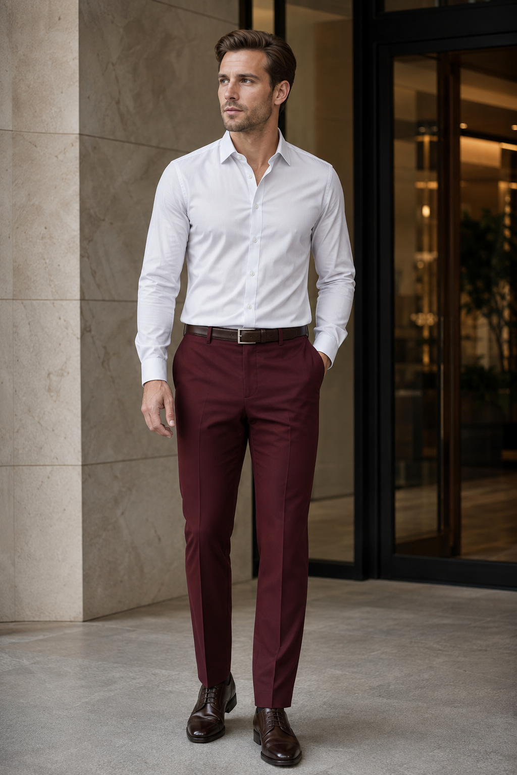 Man wearing Vinci burgundy modern fit dress pants