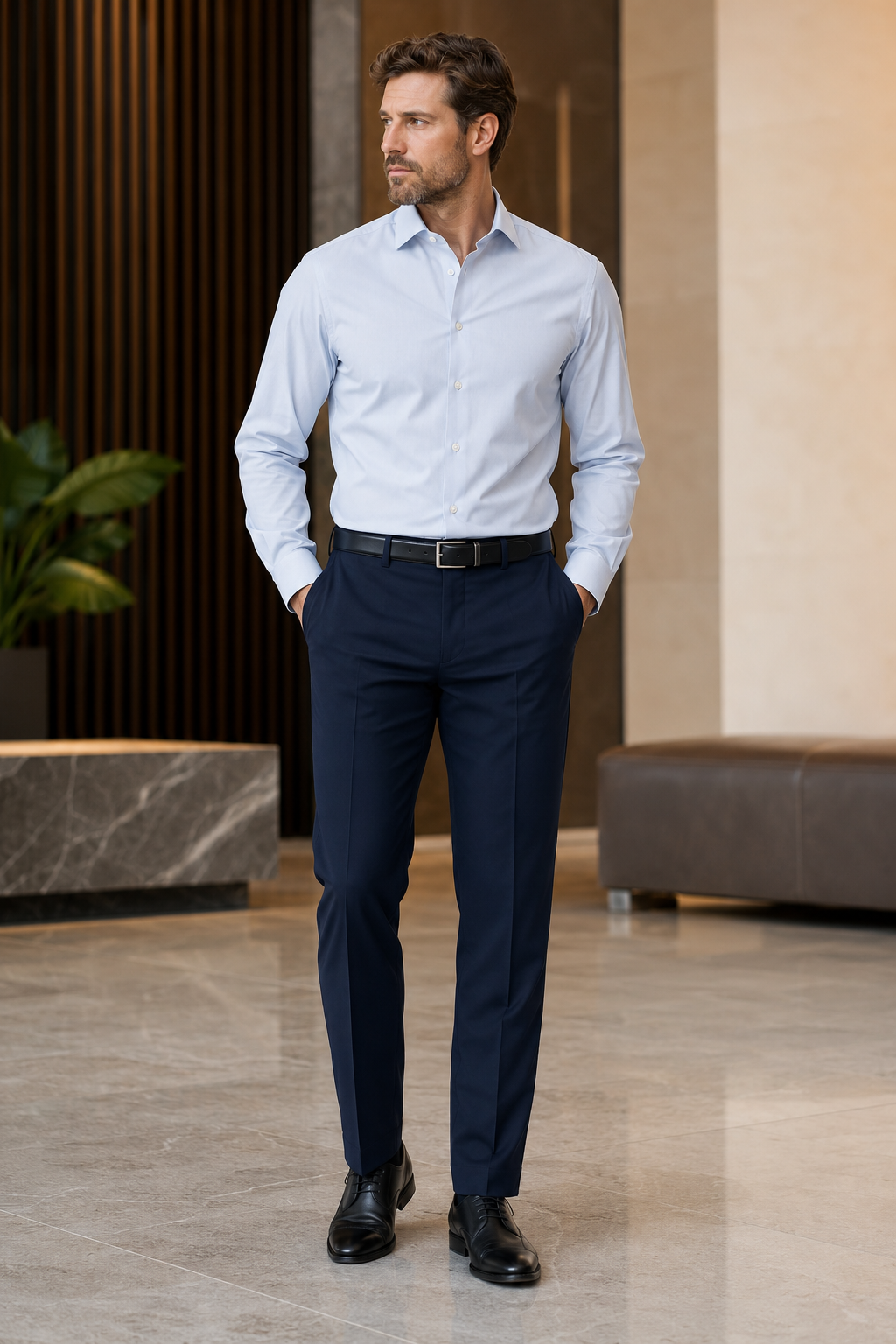 Man wearing Vinci navy modern fit dress pants