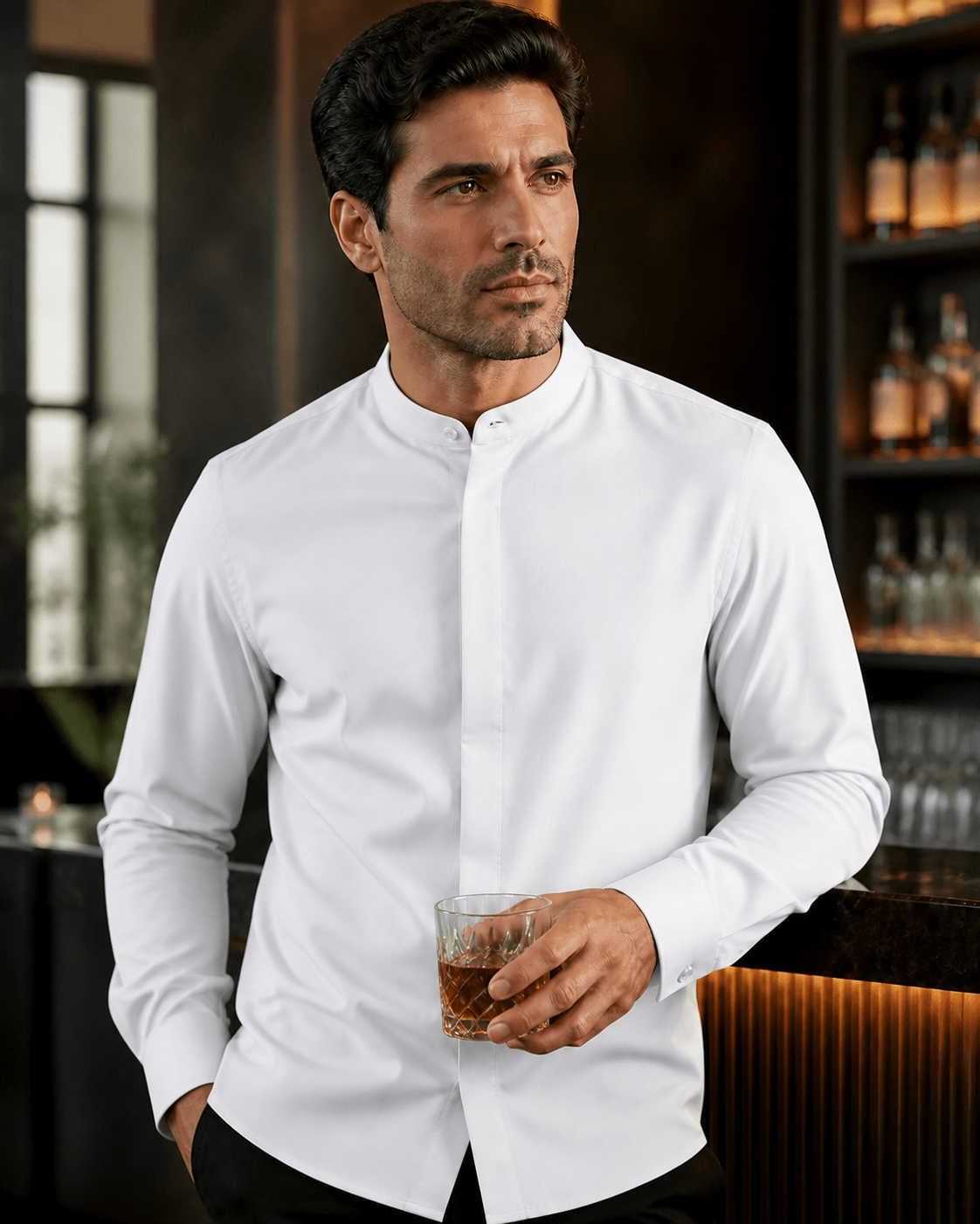 Banded Collar Dress Shirt, White - Upscale Men's Fashion