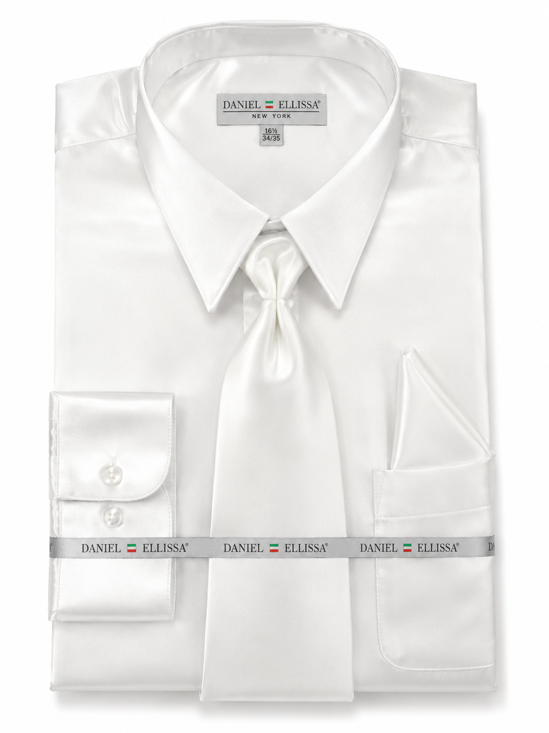 White Satin Dress Shirt Set with Matching Tie & Pocket Square