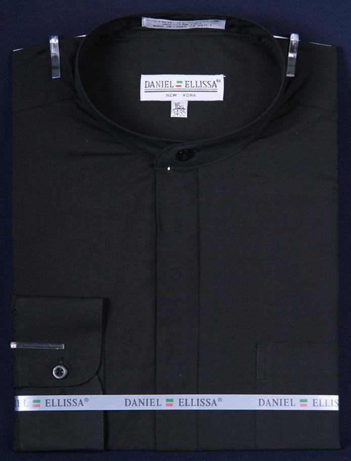 Banded Collar Dress Shirt, Black - Upscale Men's Fashion