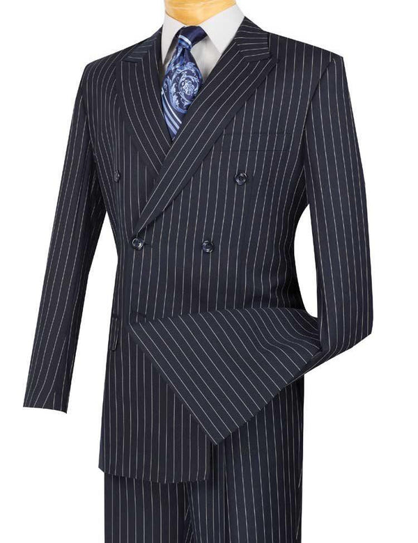 Banker Collection-Men's Double Breasted Pinstripe Navy Suit - Upscale Men's Fashion