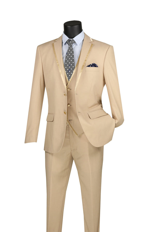 Beige Trimmed Lapel Slim Fit 3 Piece Suit - Upscale Men's Fashion