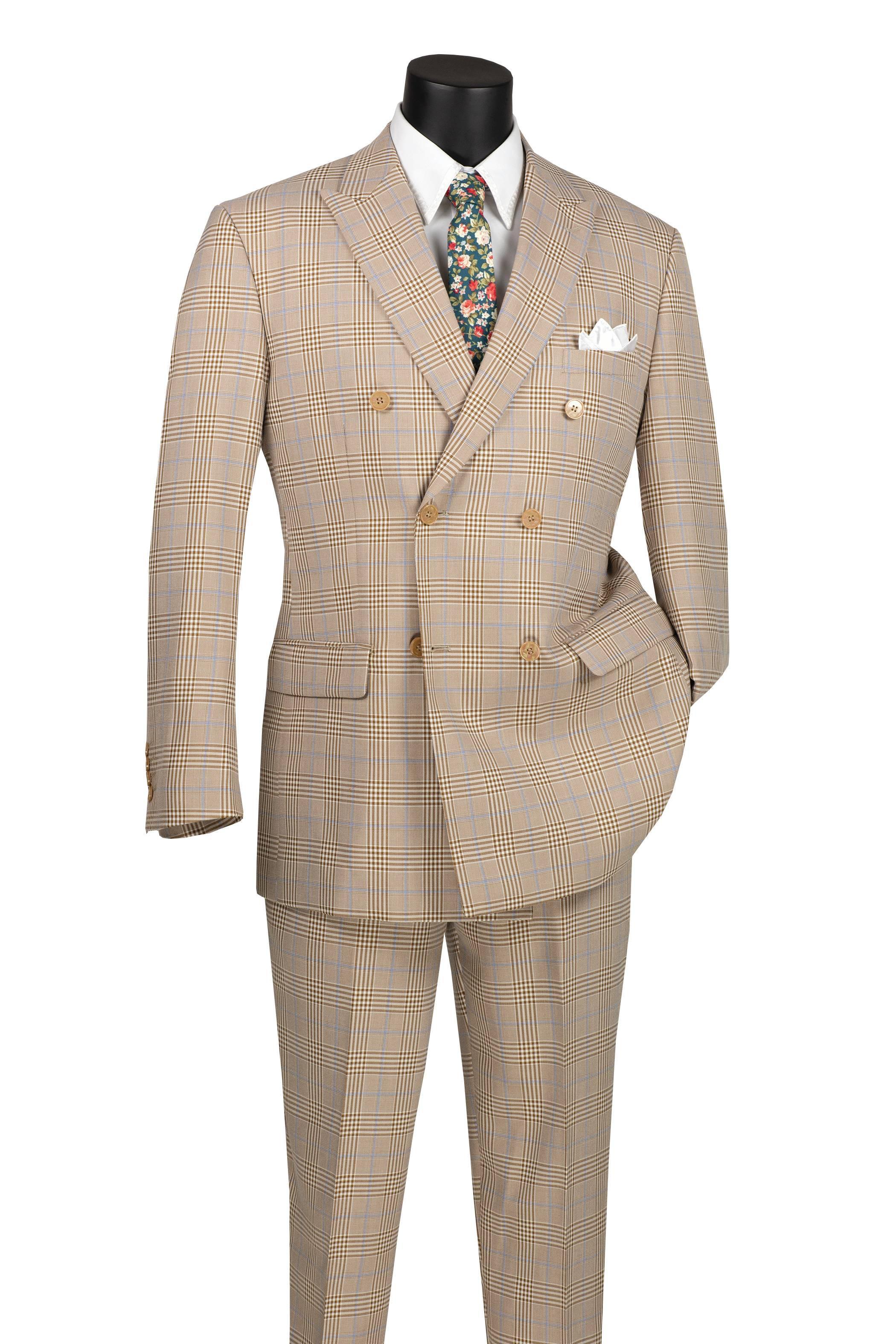 Beige Windowpane Double Breasted Suit - Upscale Men's Fashion