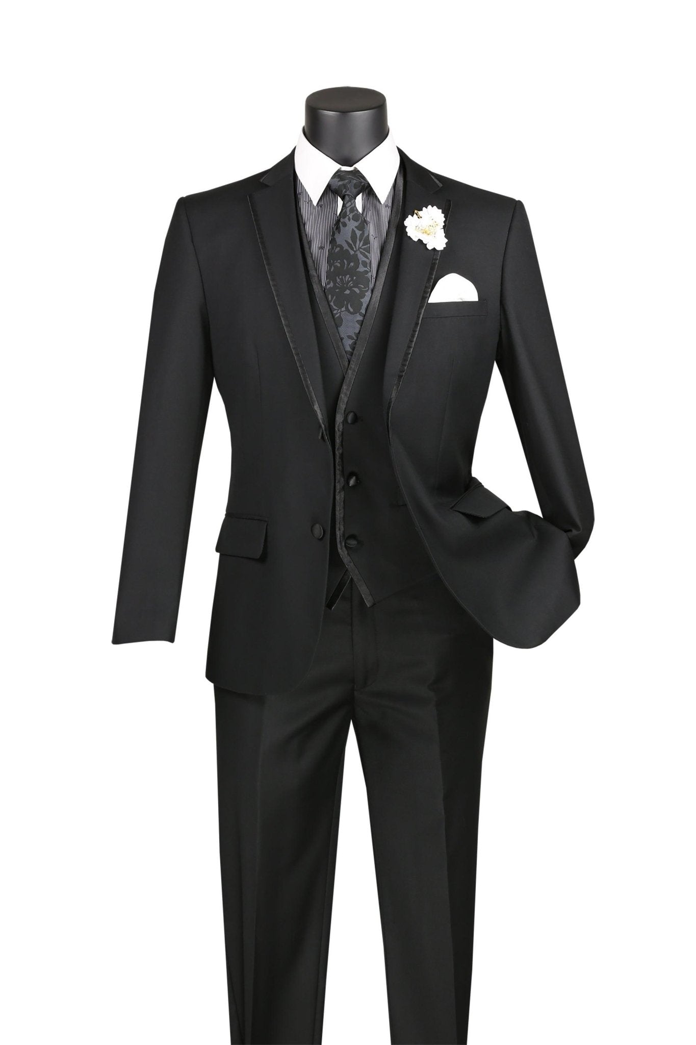 Slim Fit 3-Piece Vested Suit with Satin Trim Lapel – Black - Udine Collection - Upscale Men's Fashion